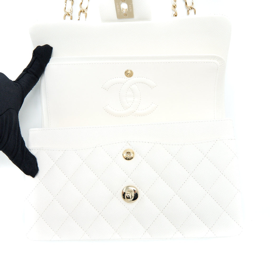 Chanel Small Classic Flap Bag Caviar White L (Microchip)