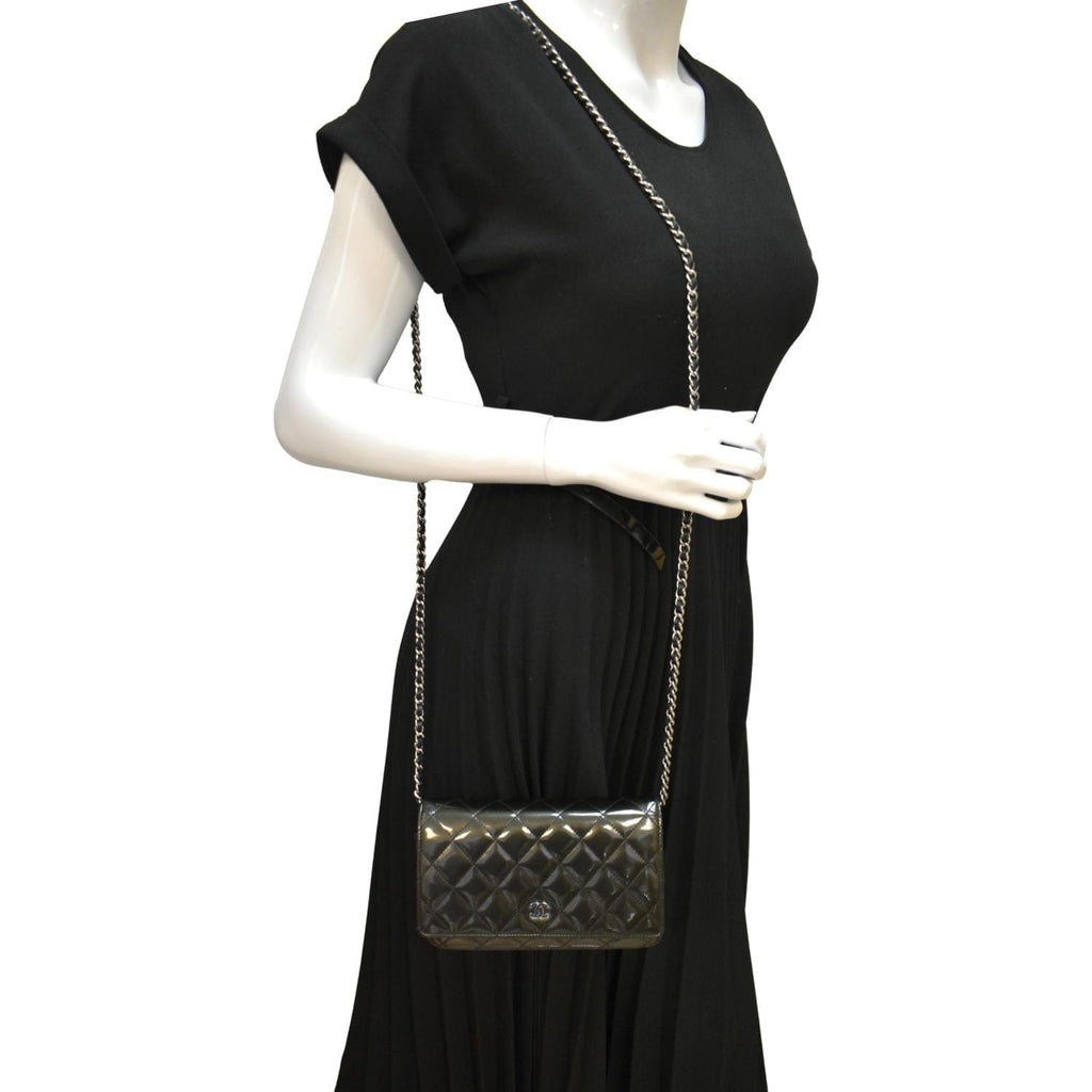 CHANEL Wallet on Chain Patent Leather Shoulder Bag Olive Green