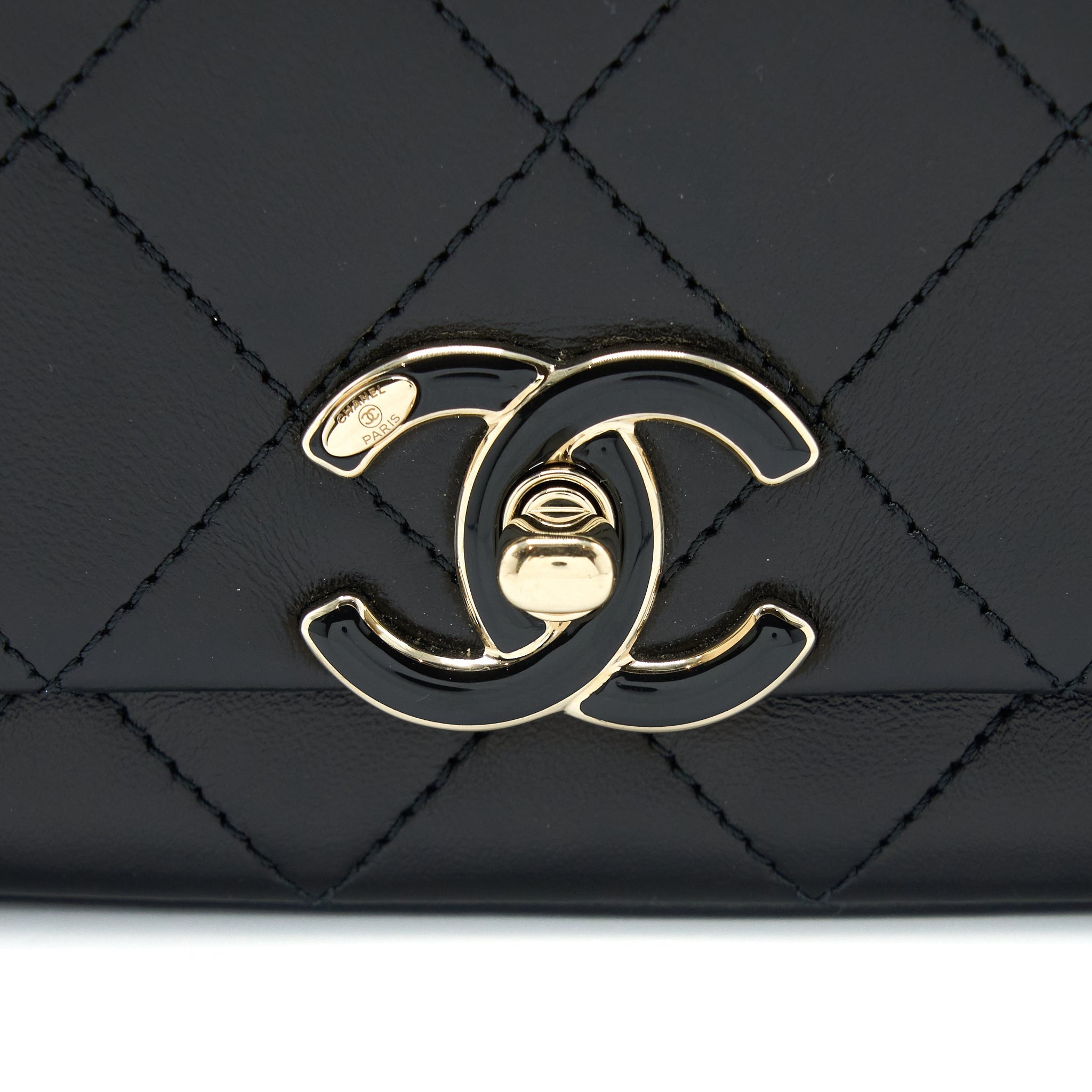 Chanel Enamel CC Logo Quilted Rectangular Flap Bag Lambskin Black L
