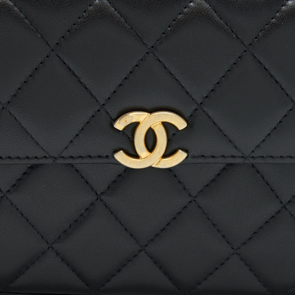 Chanel 22B Flap Bag With Enamel/CC Logo Top Handle Lambskin Black Brushed