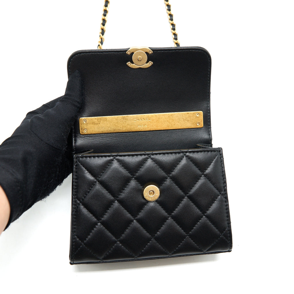 Chanel 22B Flap Bag With Enamel/CC Logo Top Handle Lambskin Black Brushed
