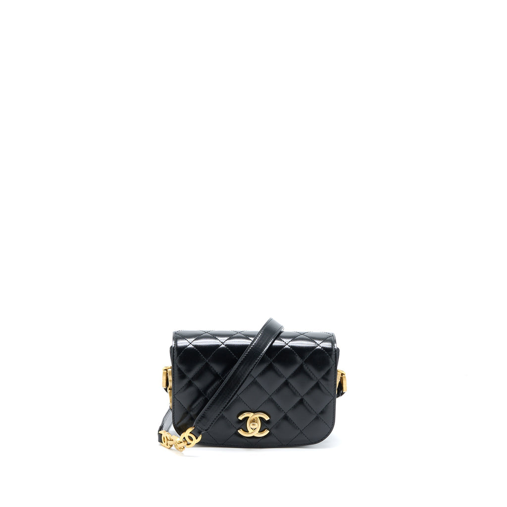 Chanel Crossbody Mini Flap Bag CC Logo Strap Calfskin Black Brushed  (Microchip)
