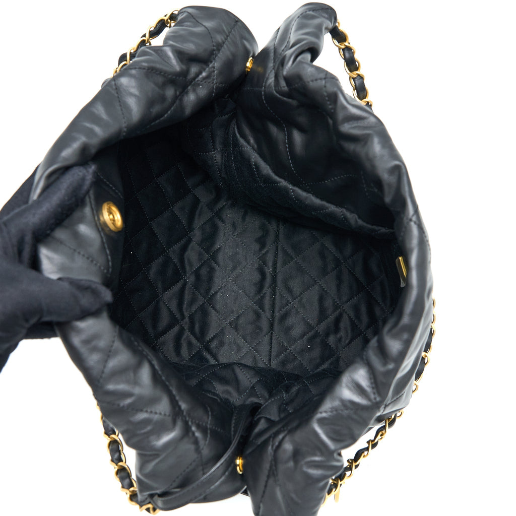 Chanel Medium 22 Bag White Letter Shiny Calfskin Black  (Microchip)