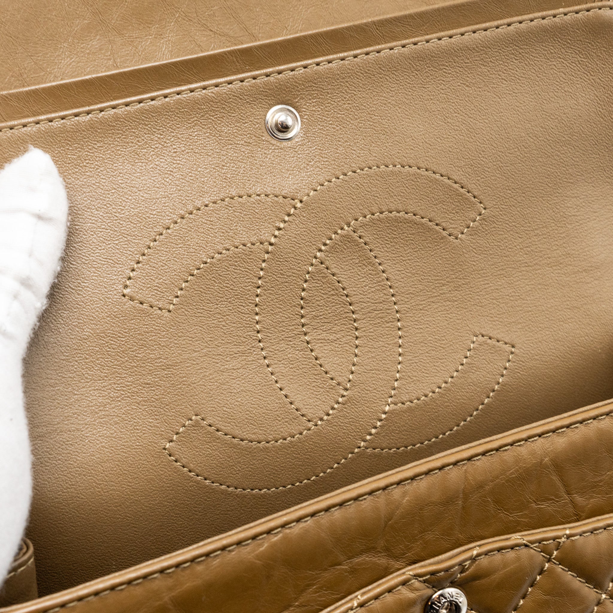 Chanel small 2.55 reissue flap bag calfskin khaki ruthenium hardware