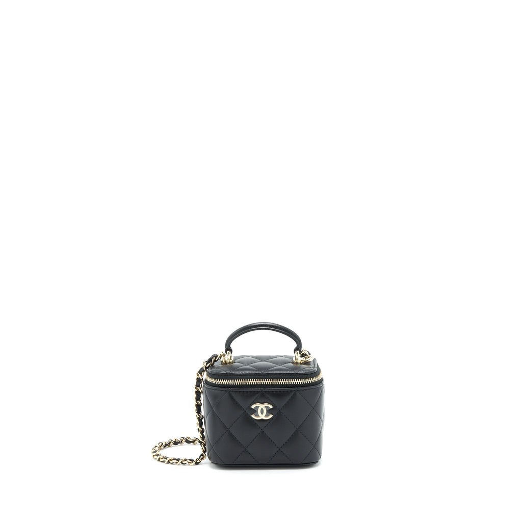 Chanel 22P Top Handle Mini Vanity With Chain And Mirror Lambskin Black L
