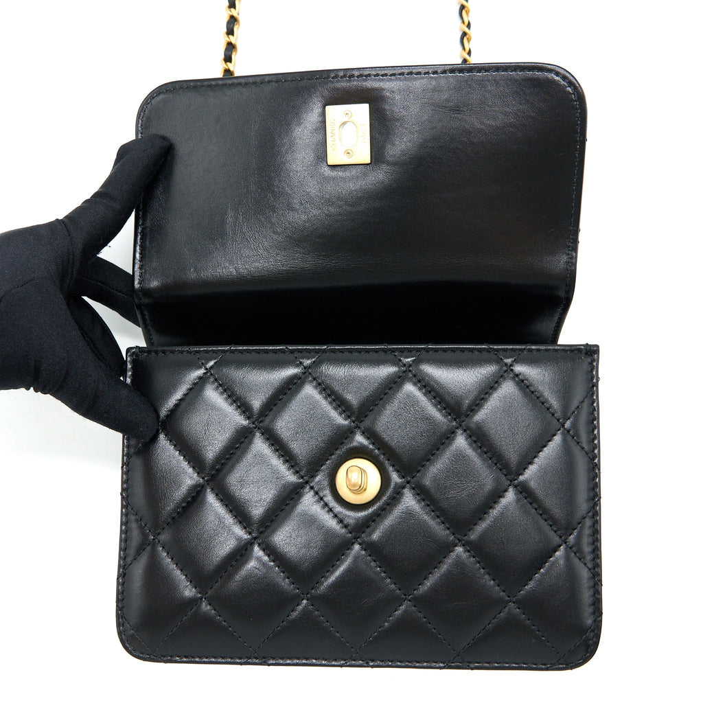 Chanel 23p Flap Bag with Top Handle Shiny Calfskin Black  (Microchip)