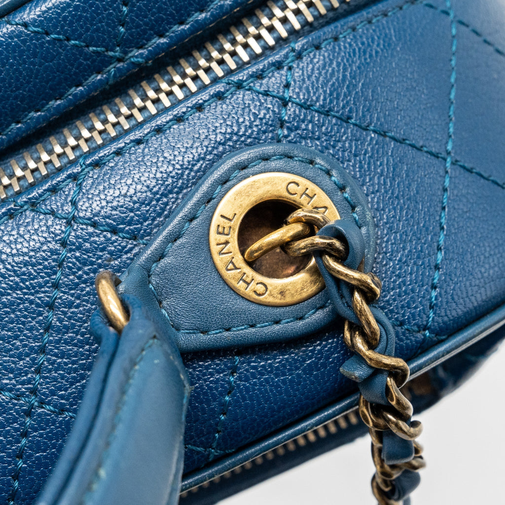 Chanel top handle zip vanity bag leather blue