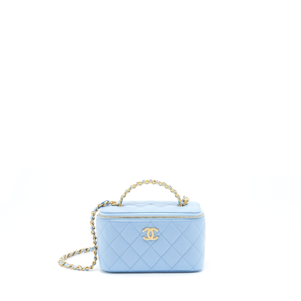 Chanel 22S Letter Handle Long Vanity With Chain Caviar Blue