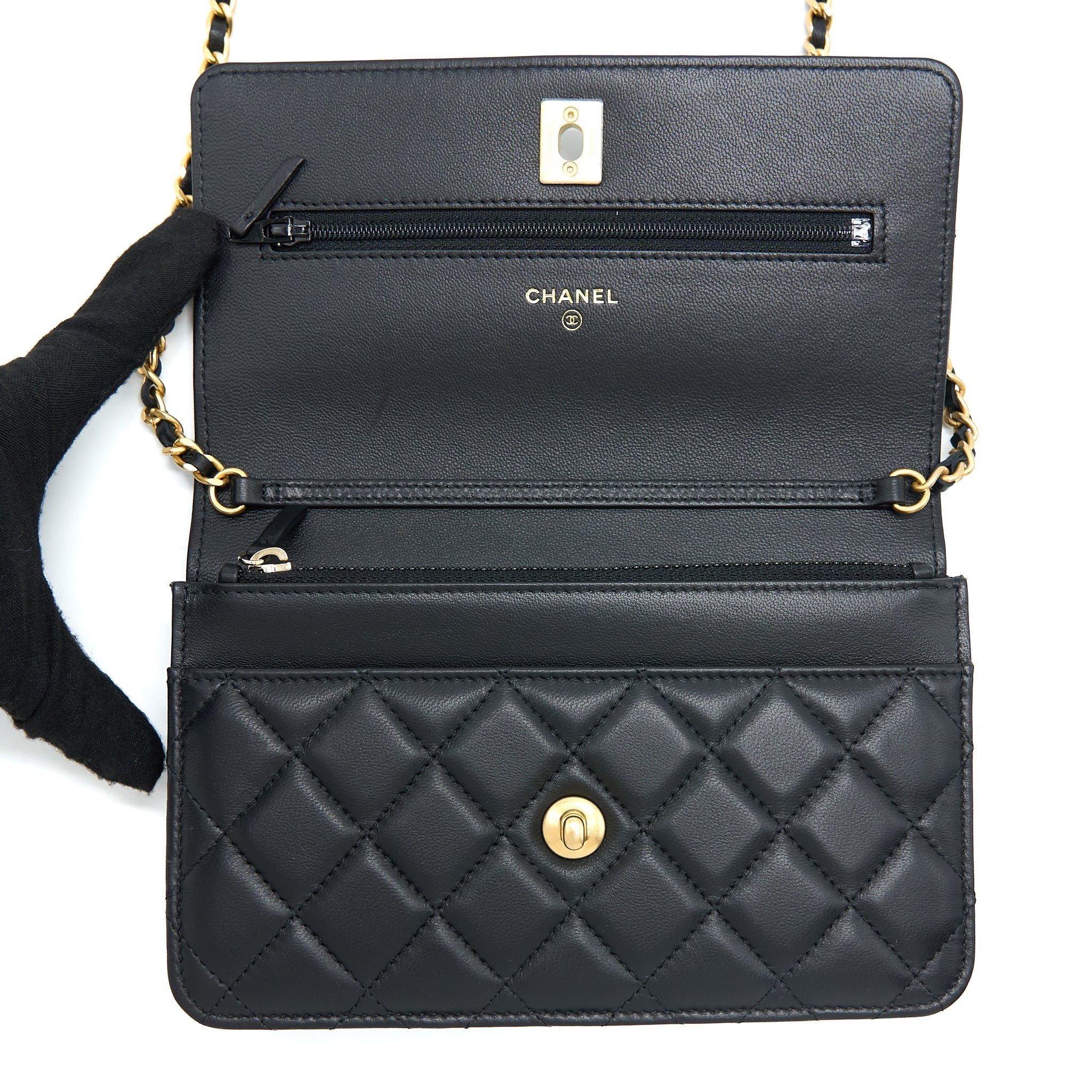 Chanel Pearl Crush Wallet On Chain Lambskin Black  (Microchip)