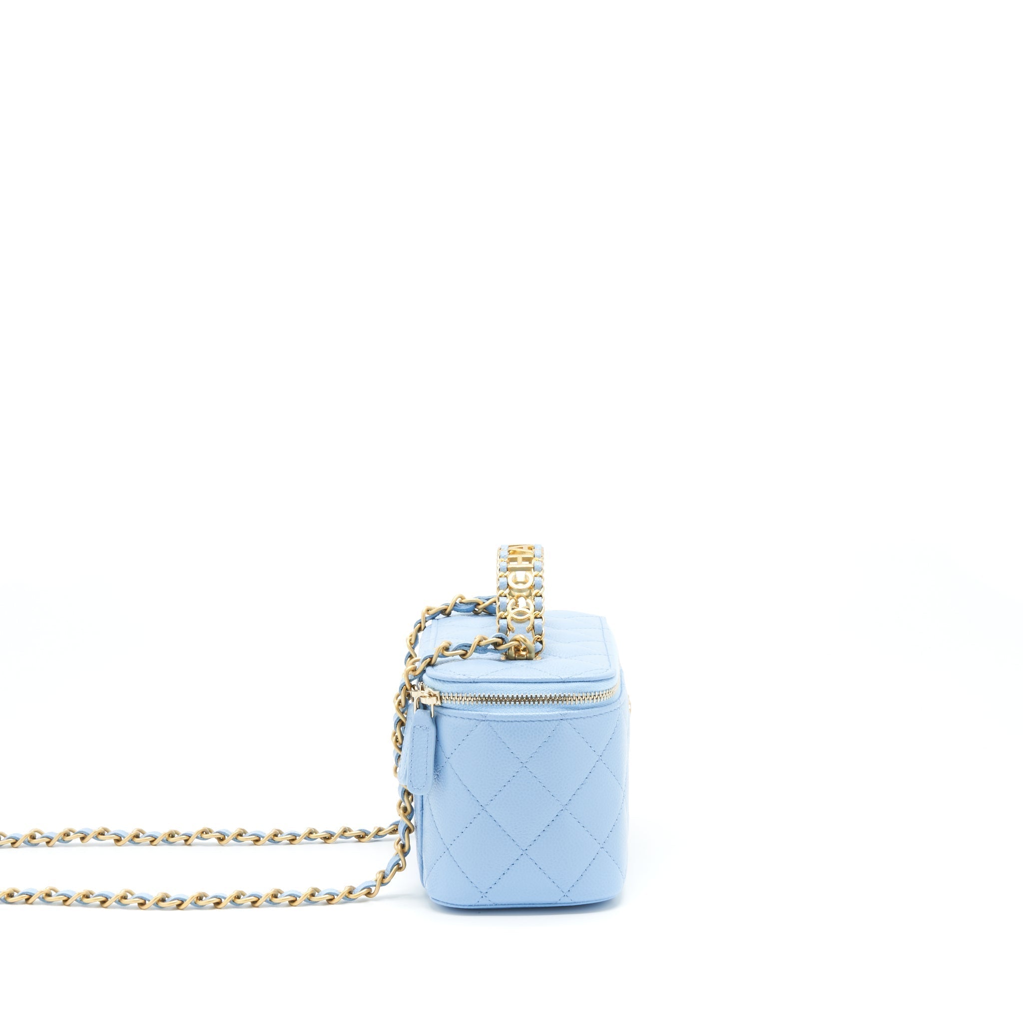 Chanel 22S Letter Handle Long Vanity With Chain Caviar Blue