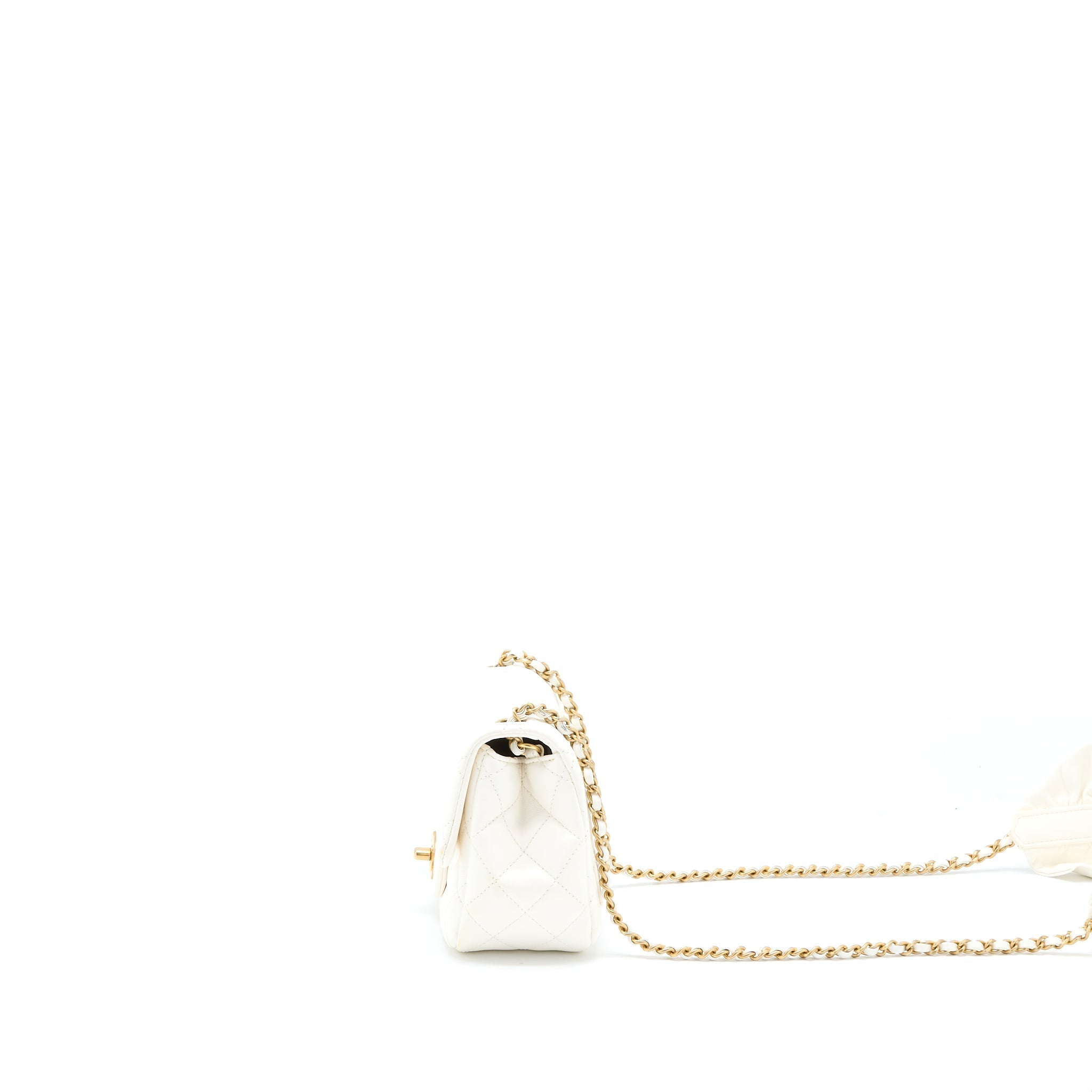 Chanel Mini Square Flap Bag with Detailed Ribbon Chain Lambskin White