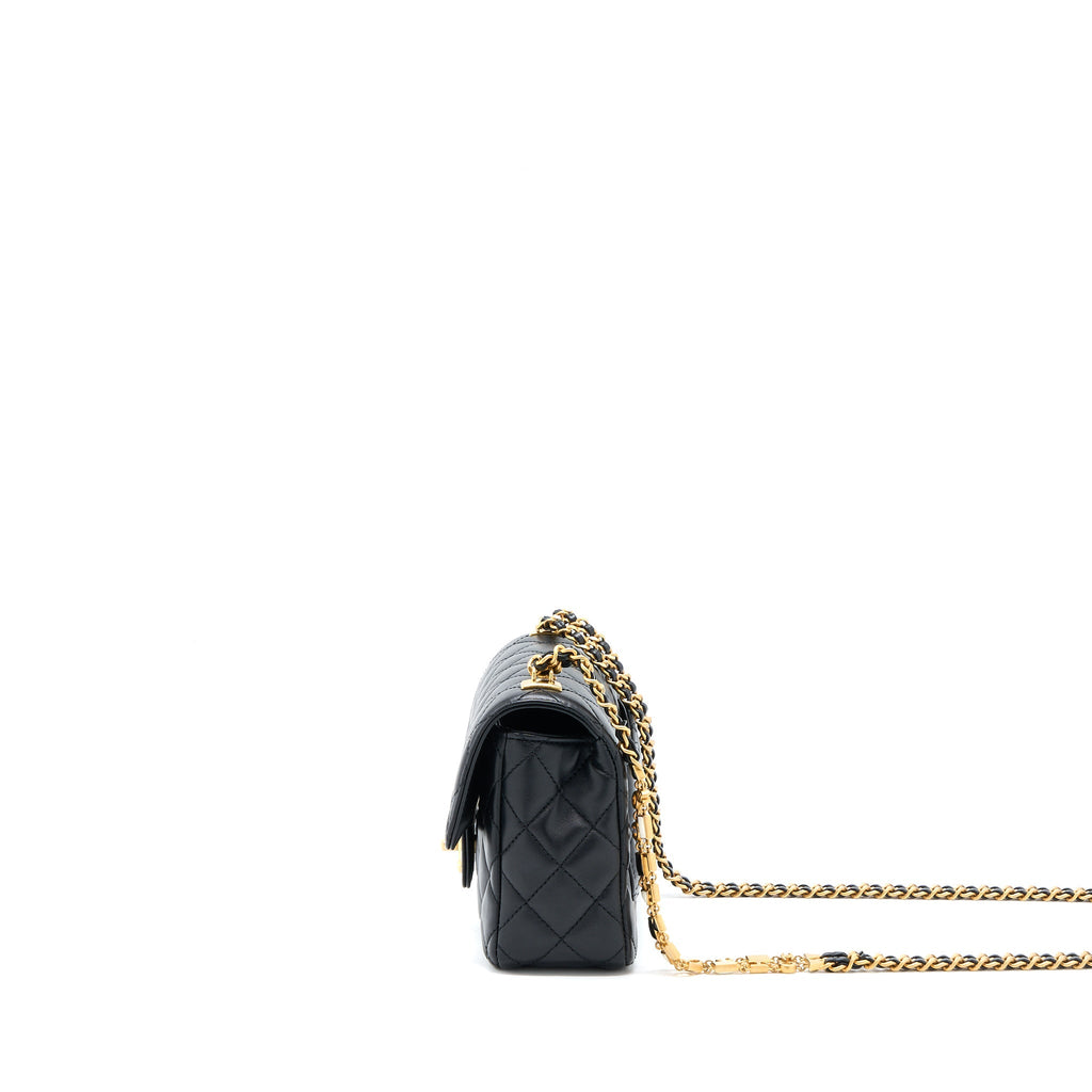 Chanel Seasonal Flap Bag with Detail Chain Lambskin Black Brushed  (Microchip)