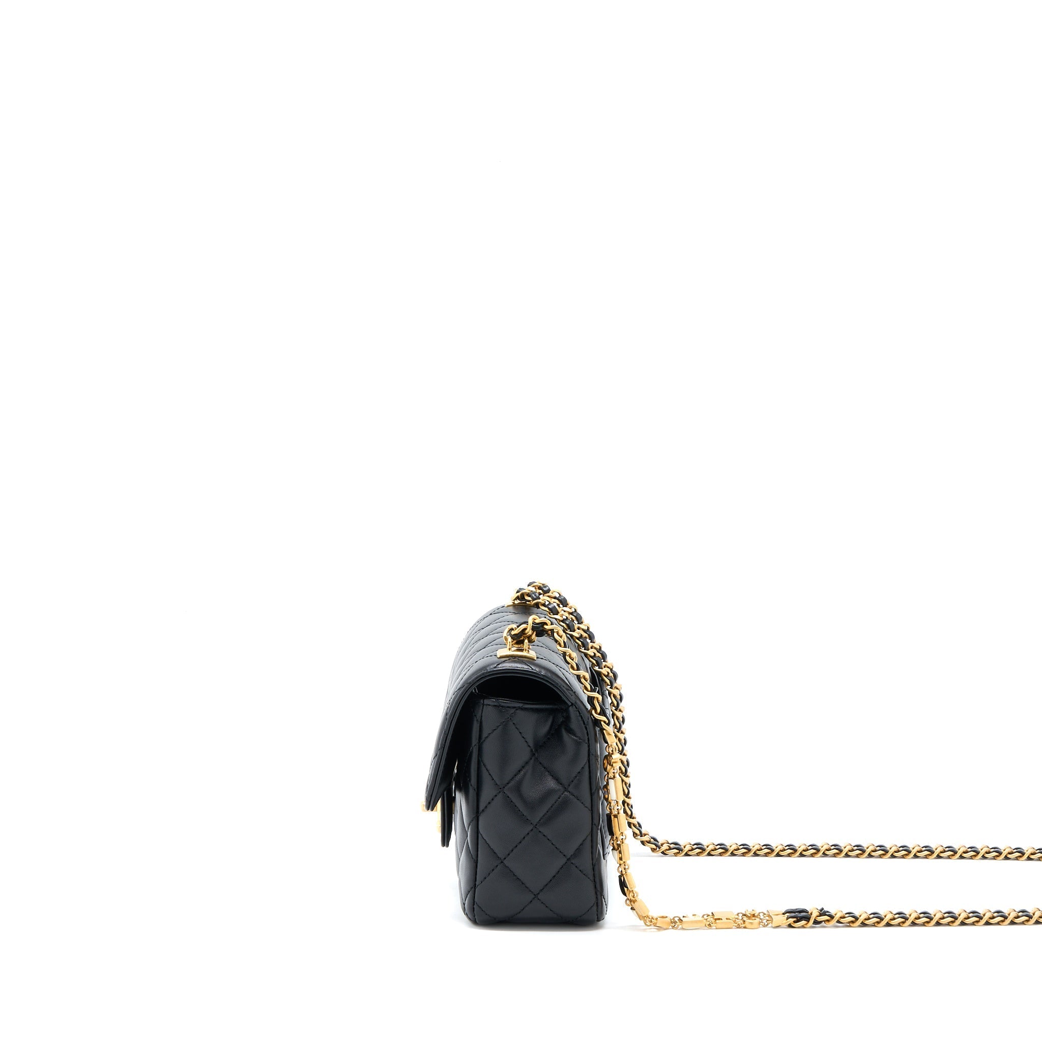 Chanel Seasonal Flap Bag with Detail Chain Lambskin Black Brushed  (Microchip)