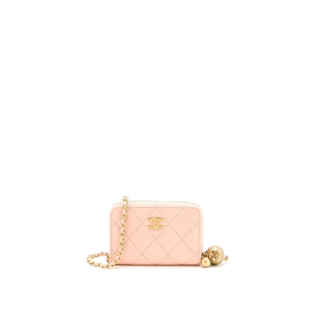 Chanel Pearl Crush Zippy Card Holder Lambskin Light Pink Brushed