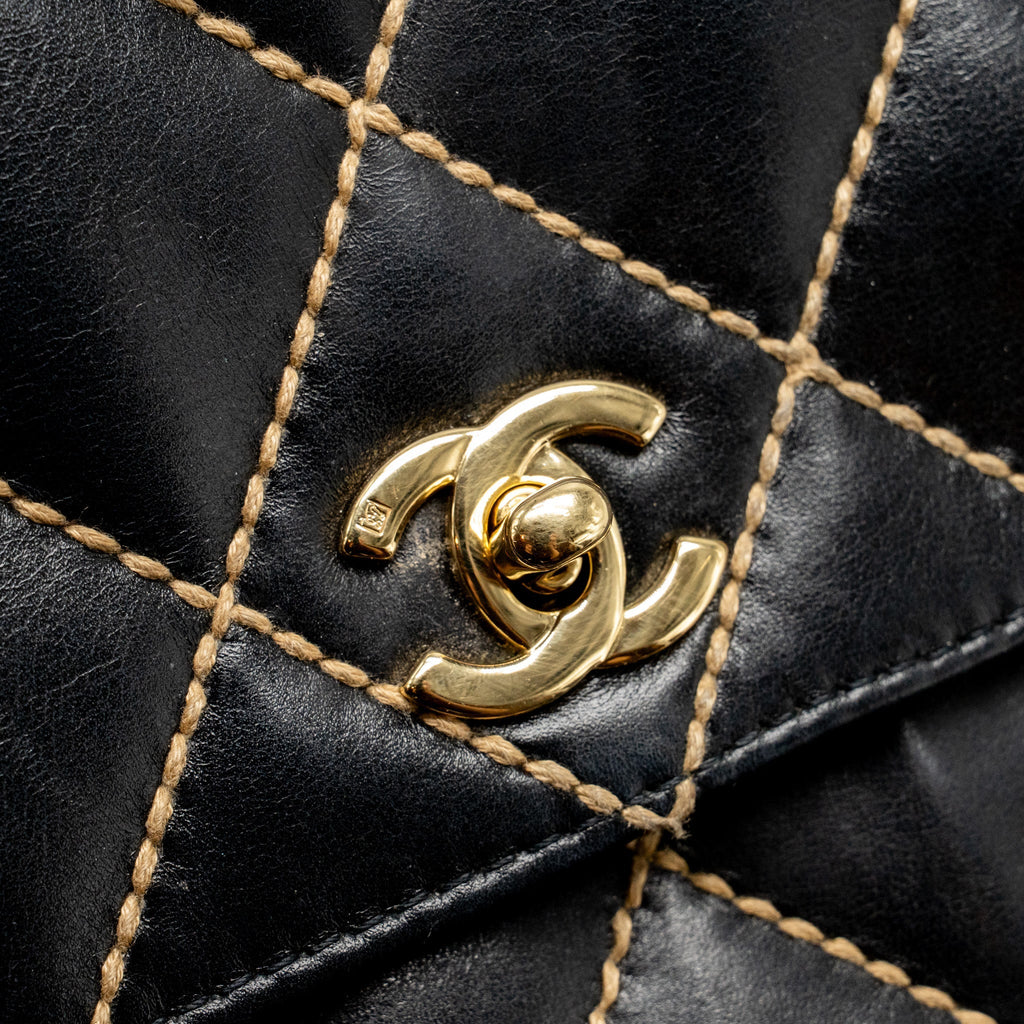Chanel Vintage quilted flap bag lambskin black with white stitching