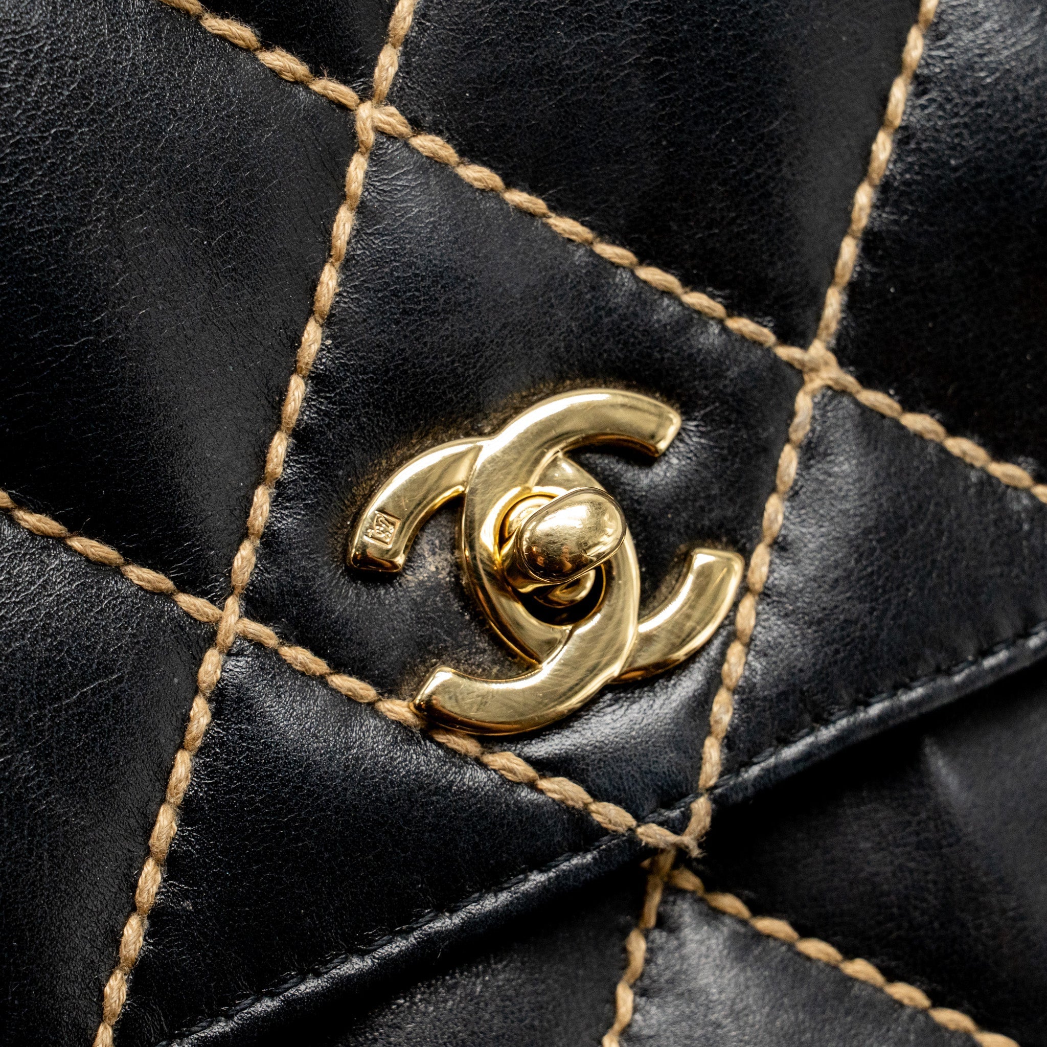 Chanel Vintage quilted flap bag lambskin black with white stitching