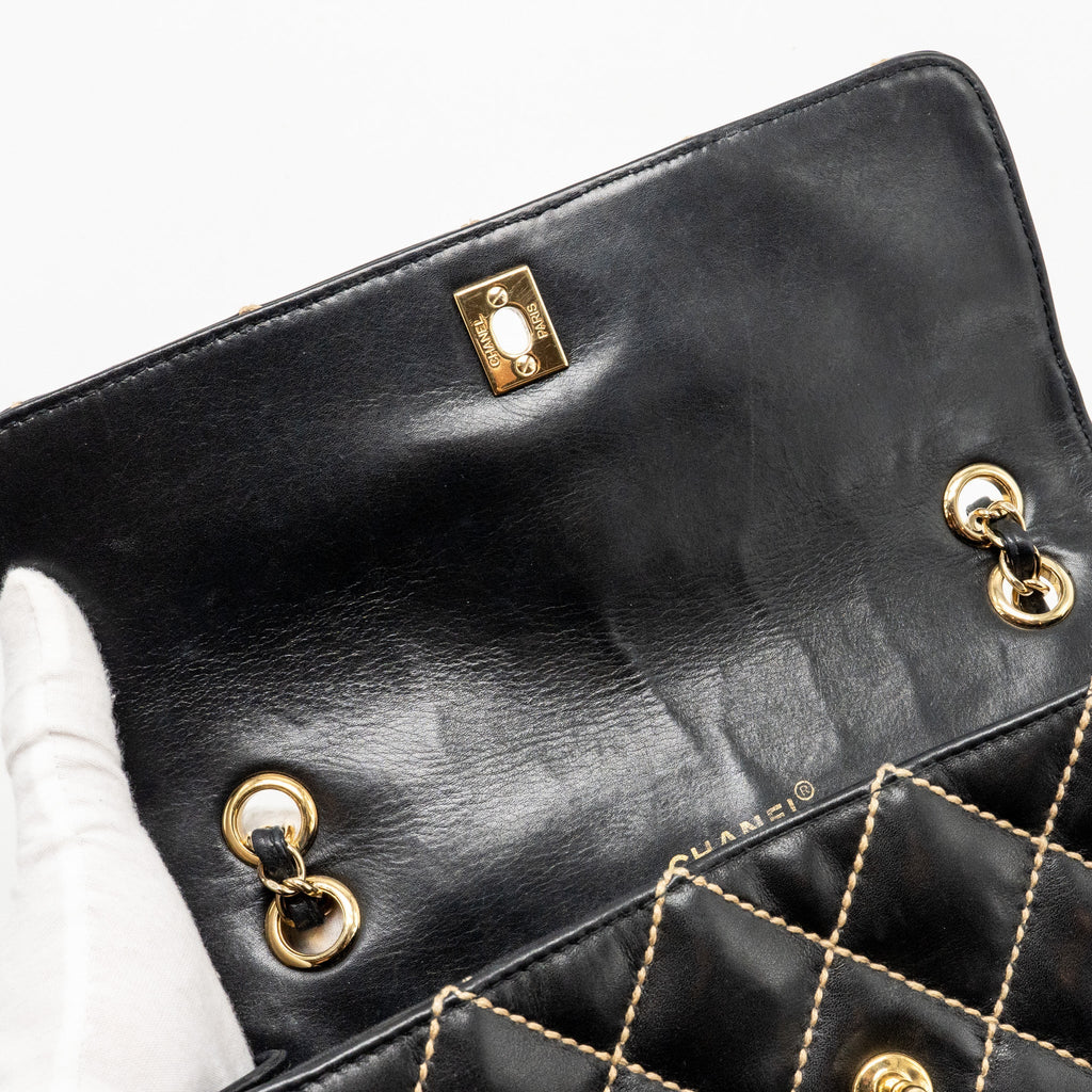Chanel Vintage quilted flap bag lambskin black with white stitching