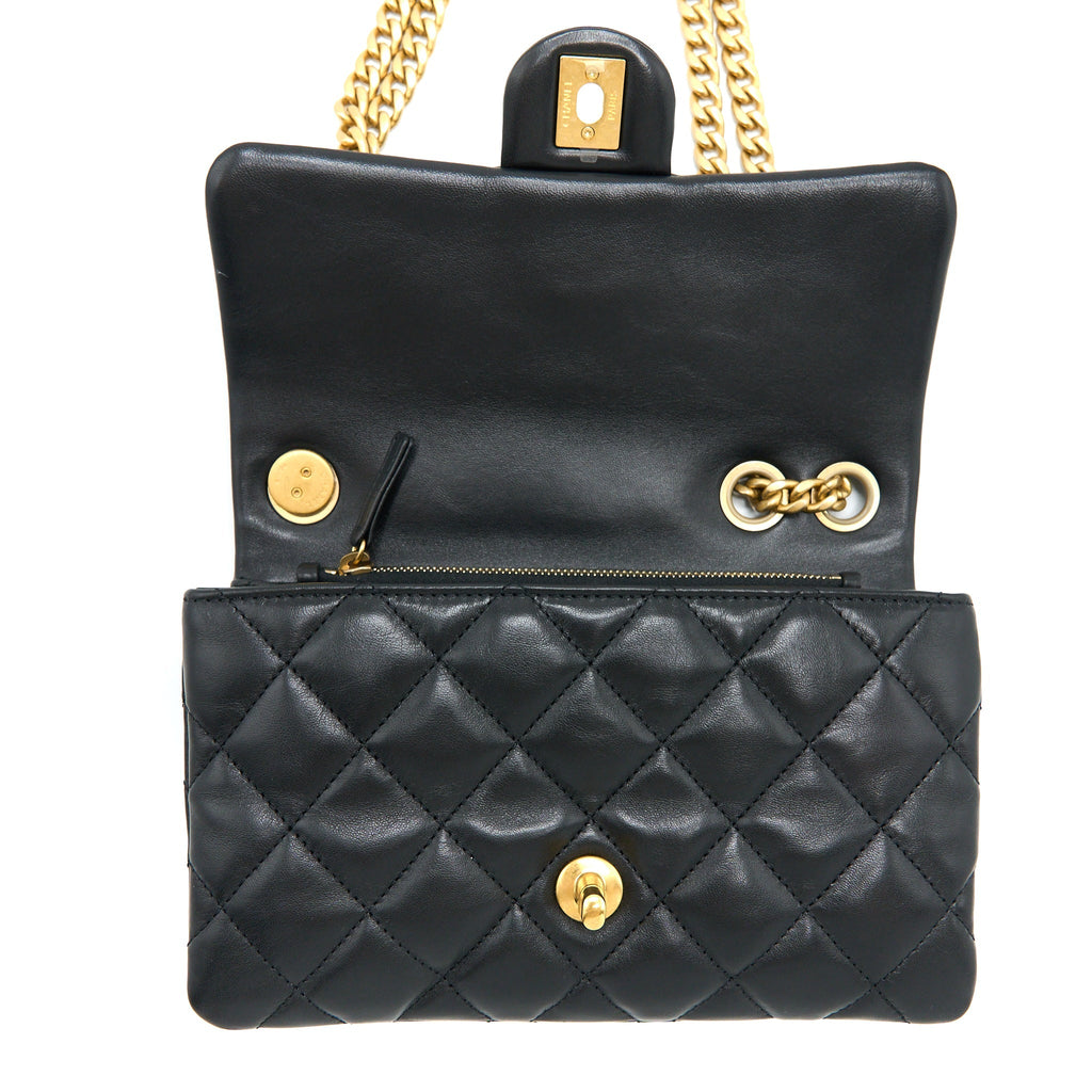 Chanel 22K Gold Pillar Adjustable Chain Flap Bag Lambskin Black Brushed  (Microchip)