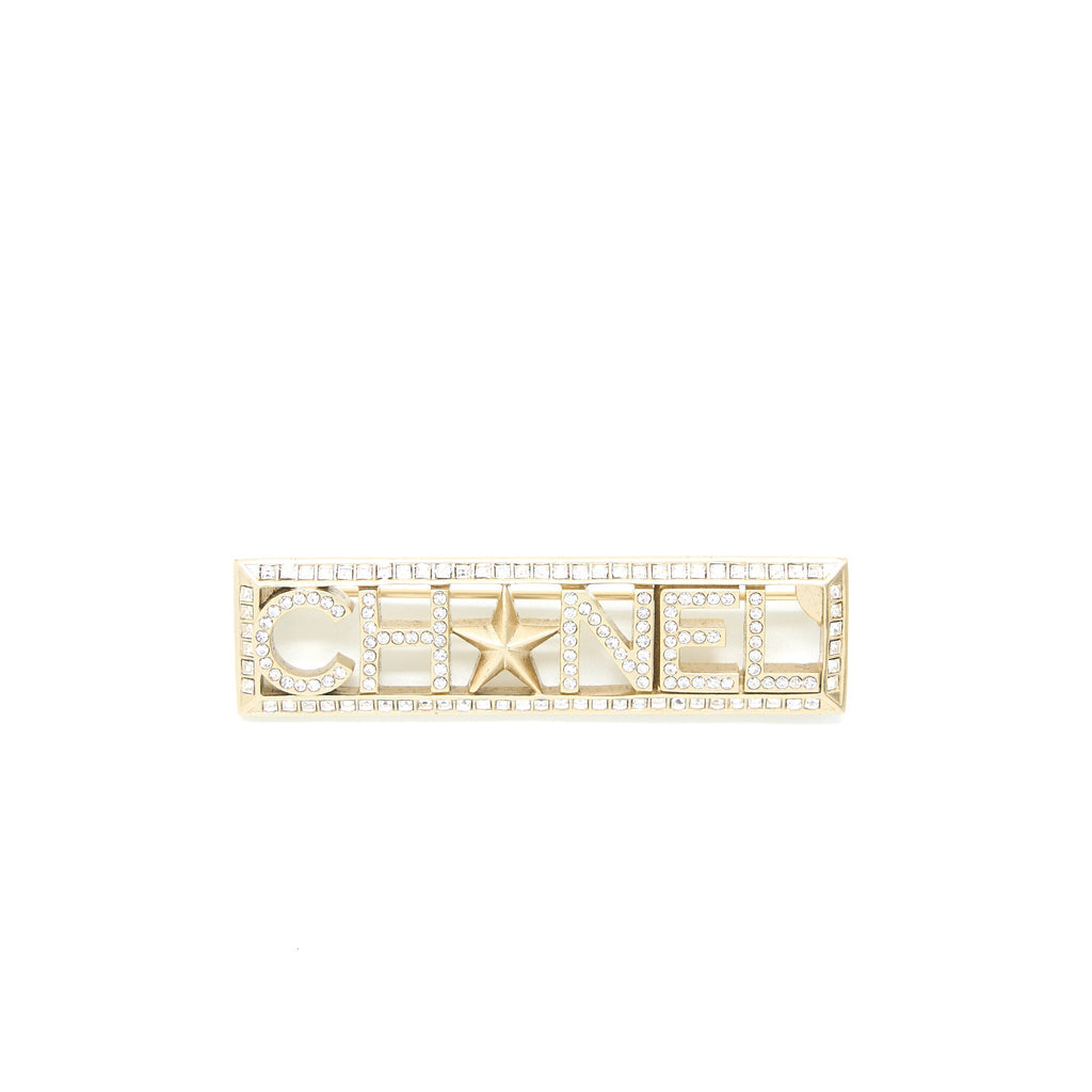 Chanel Letter/Star Brooch Crystal Light Gold Tone