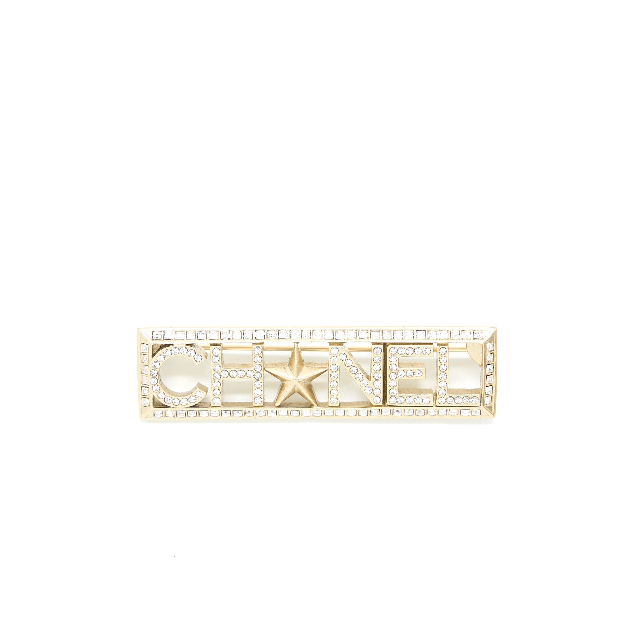 Chanel Letter/Star Brooch Crystal Light Gold Tone