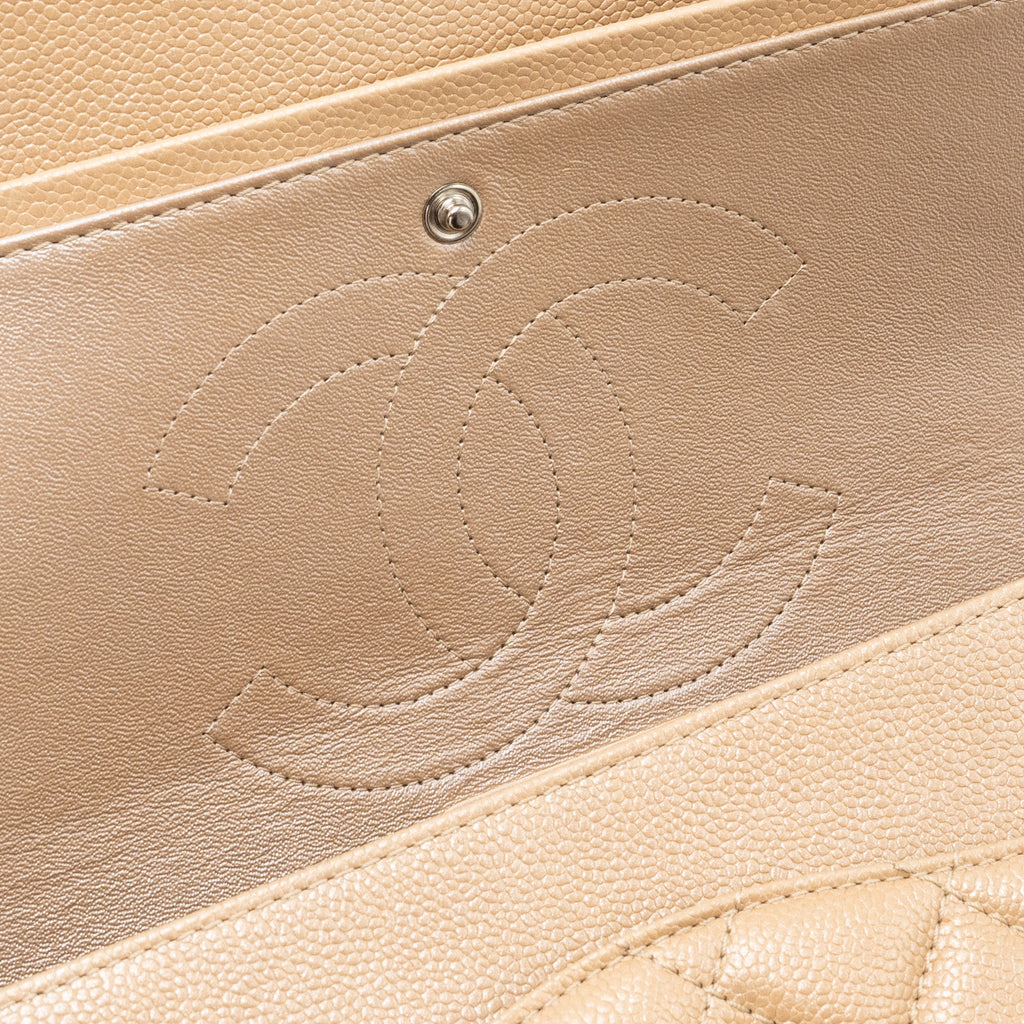 Chanel classic jumbo double flap bag caviar iridescent beige brushed