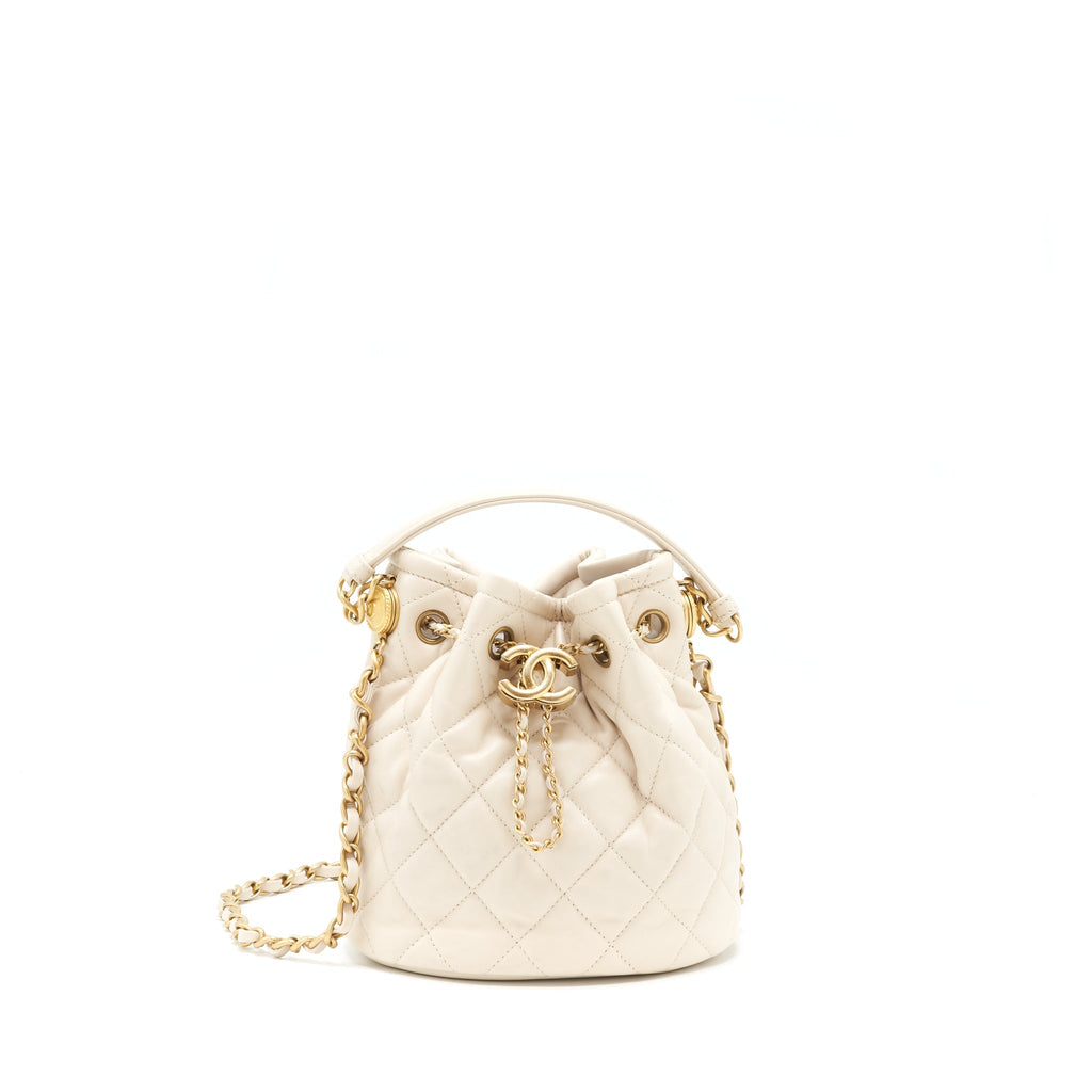 Chanel Button Bucket Crossbody Bag Lambskin White