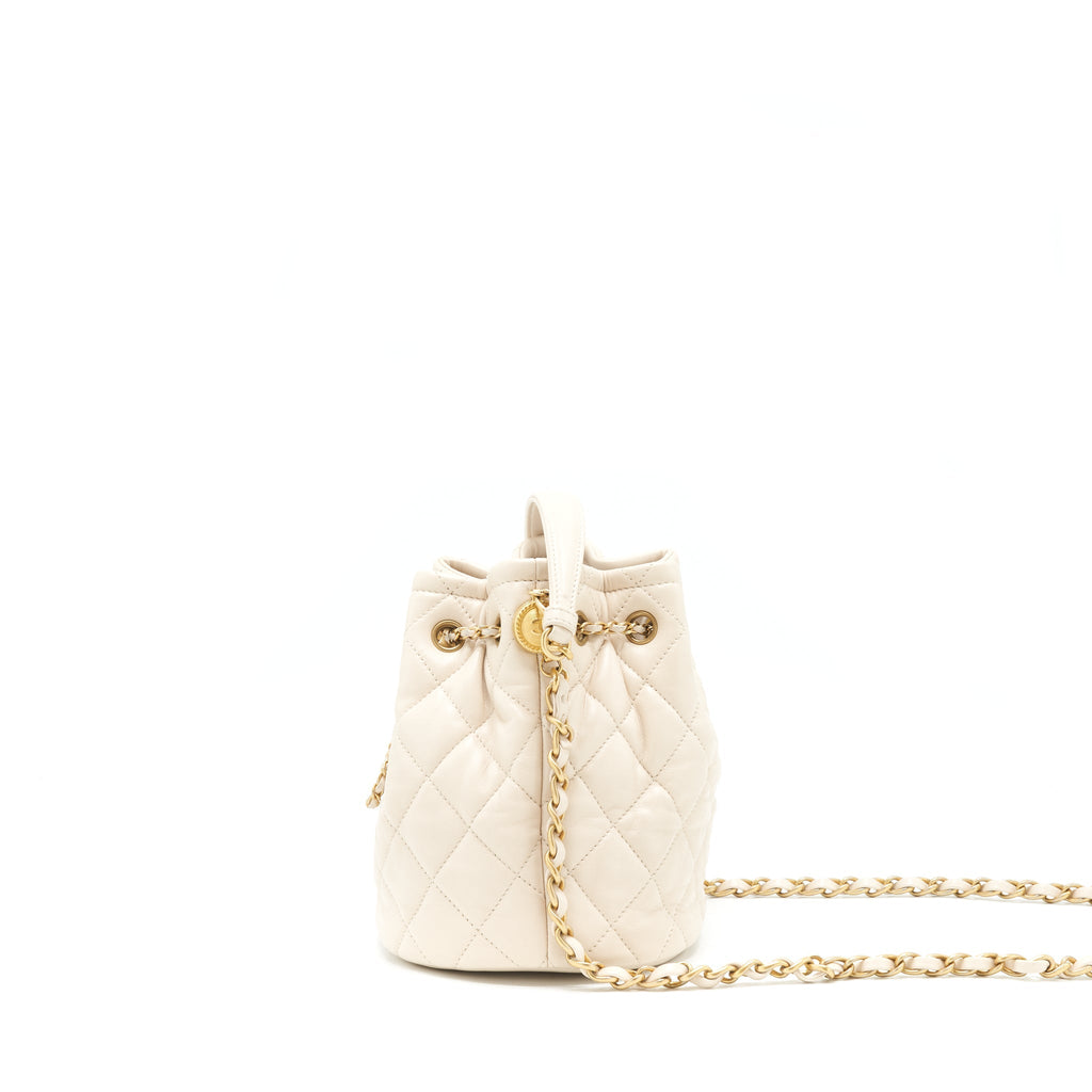 Chanel Button Bucket Crossbody Bag Lambskin White