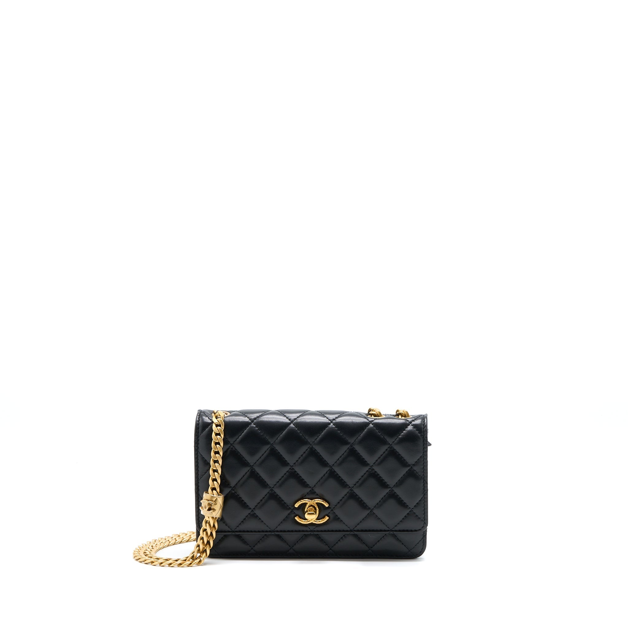 Chanel 22K Gold Pillar Wallet On Chain Lambskin Black Brushed (Microchip)