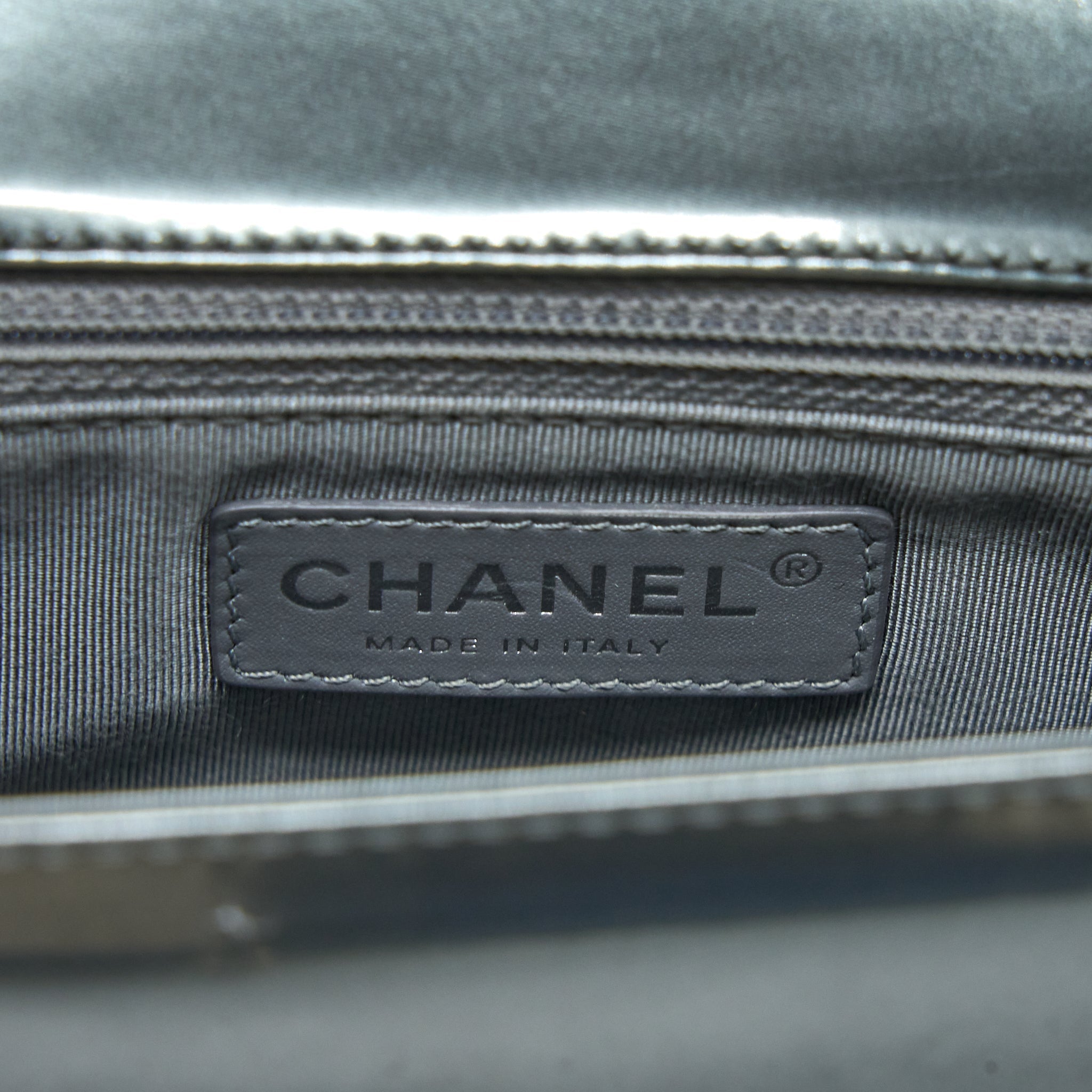 Chanel Medium Boy Bag Patent Grey Ruthenium