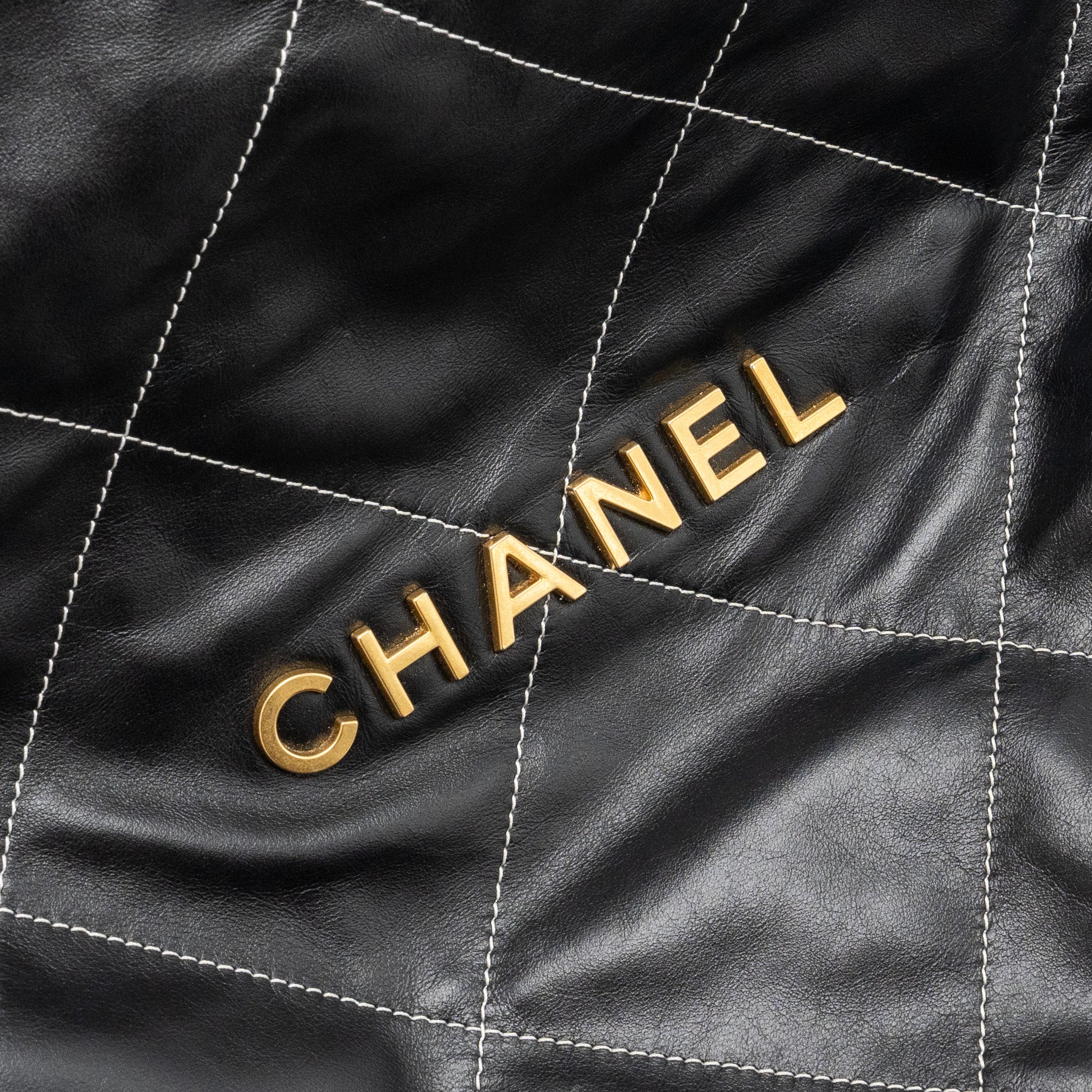 Chanel Medium 22 Bag Shiny Calfskin Black With White Stitching Gold Letter  (Microchip)