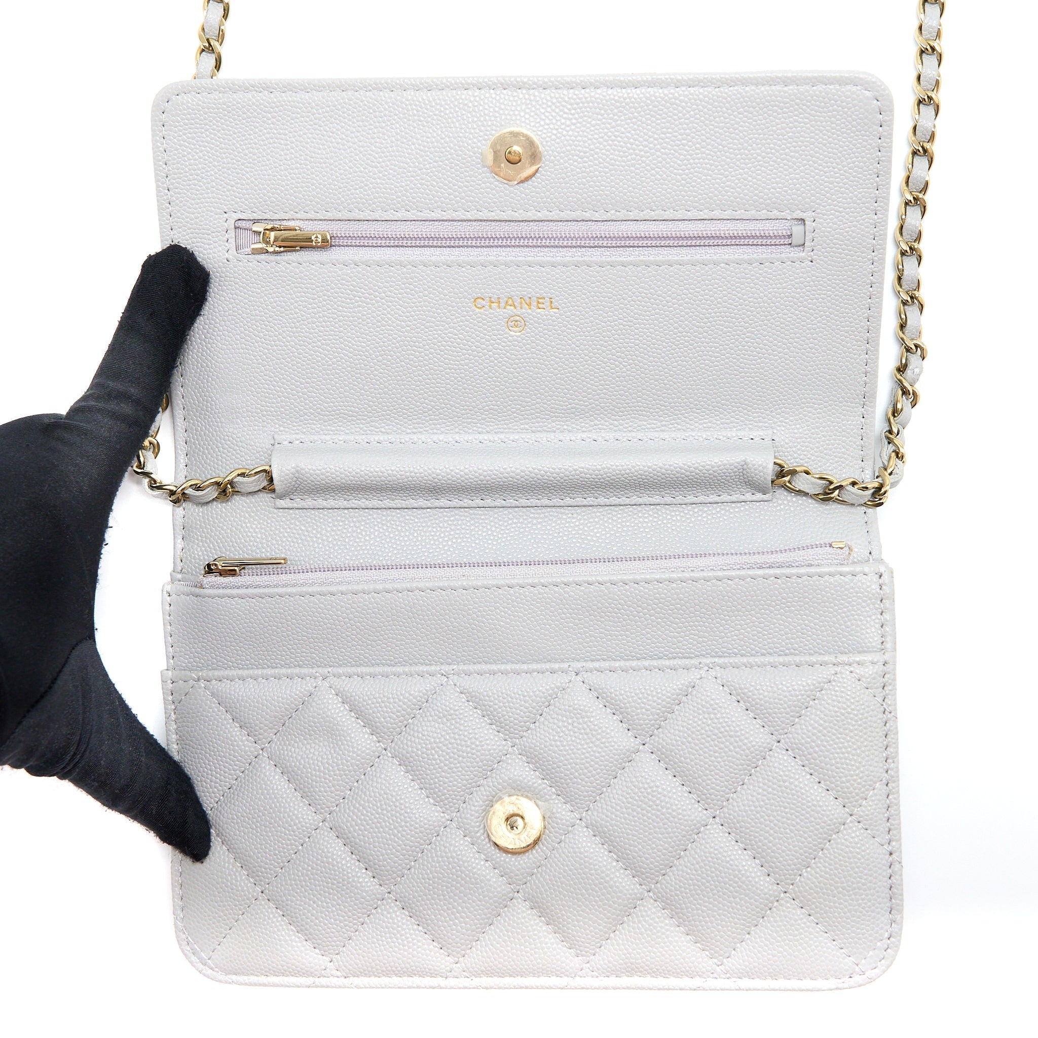 Chanel Classic Wallet on Chain Caviar Light Grey L (Microchip)