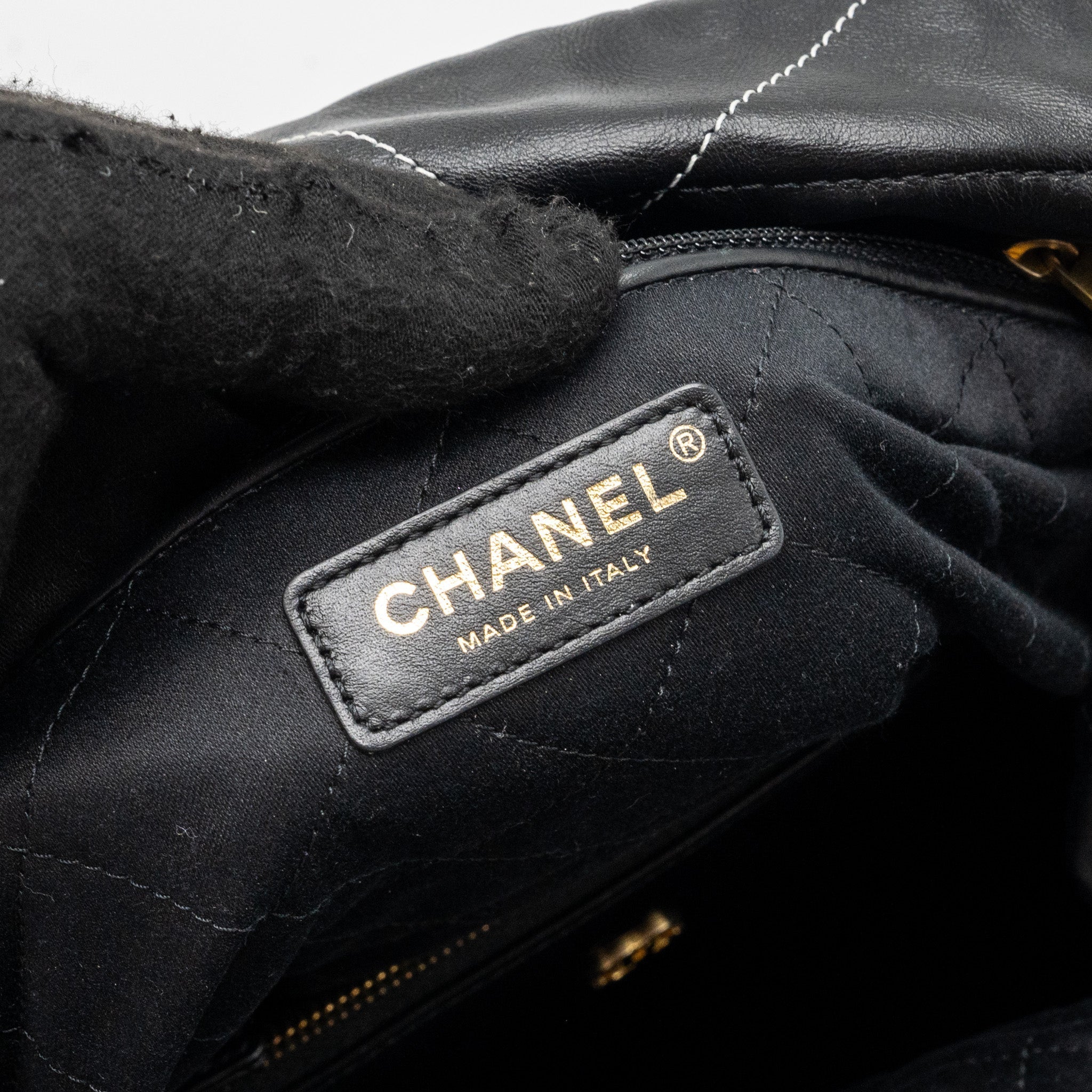 Chanel Medium 22 Bag Shiny Calfskin Black With White Stitching Gold Letter  (Microchip)