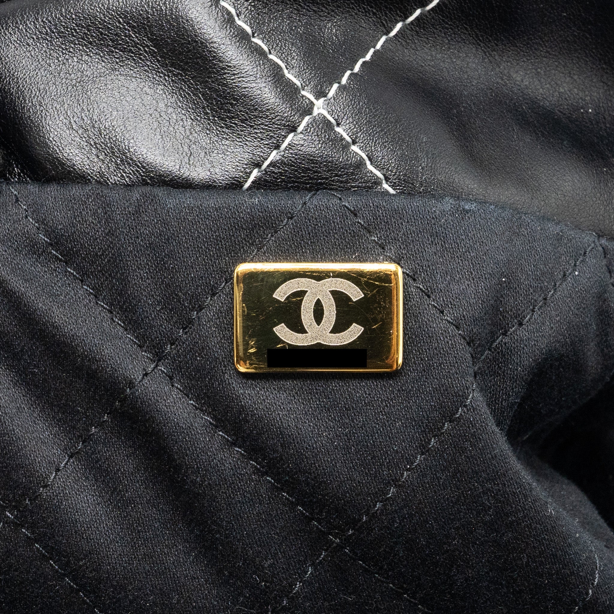 Chanel Medium 22 Bag Shiny Calfskin Black With White Stitching Gold Letter  (Microchip)