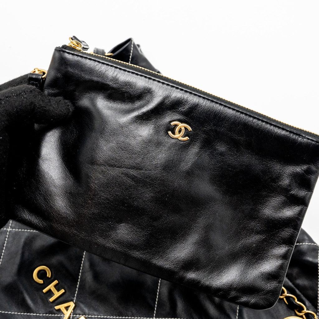 Chanel Medium 22 Bag Shiny Calfskin Black With White Stitching Gold Letter  (Microchip)