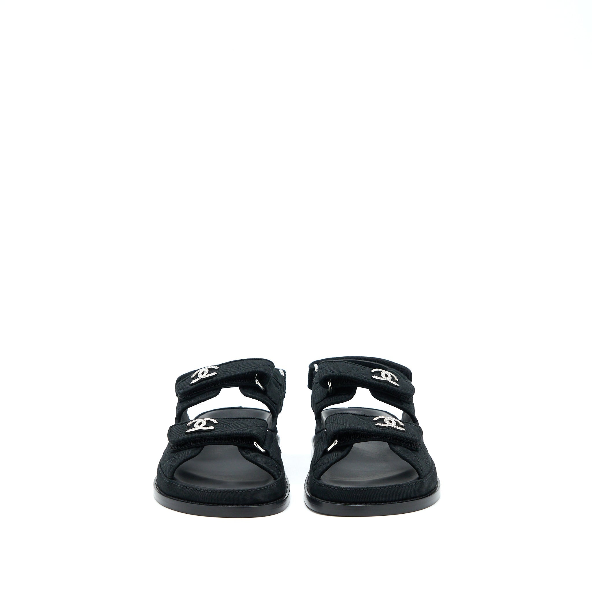 Chanel Size 36 Dad Sandals Crystal Logo Fabric Black