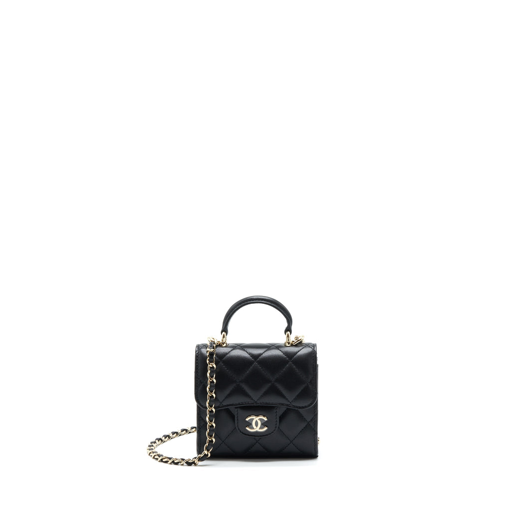 Chanel 22P Top Handle Mini Flap Bag With Chain Lambskin Black L