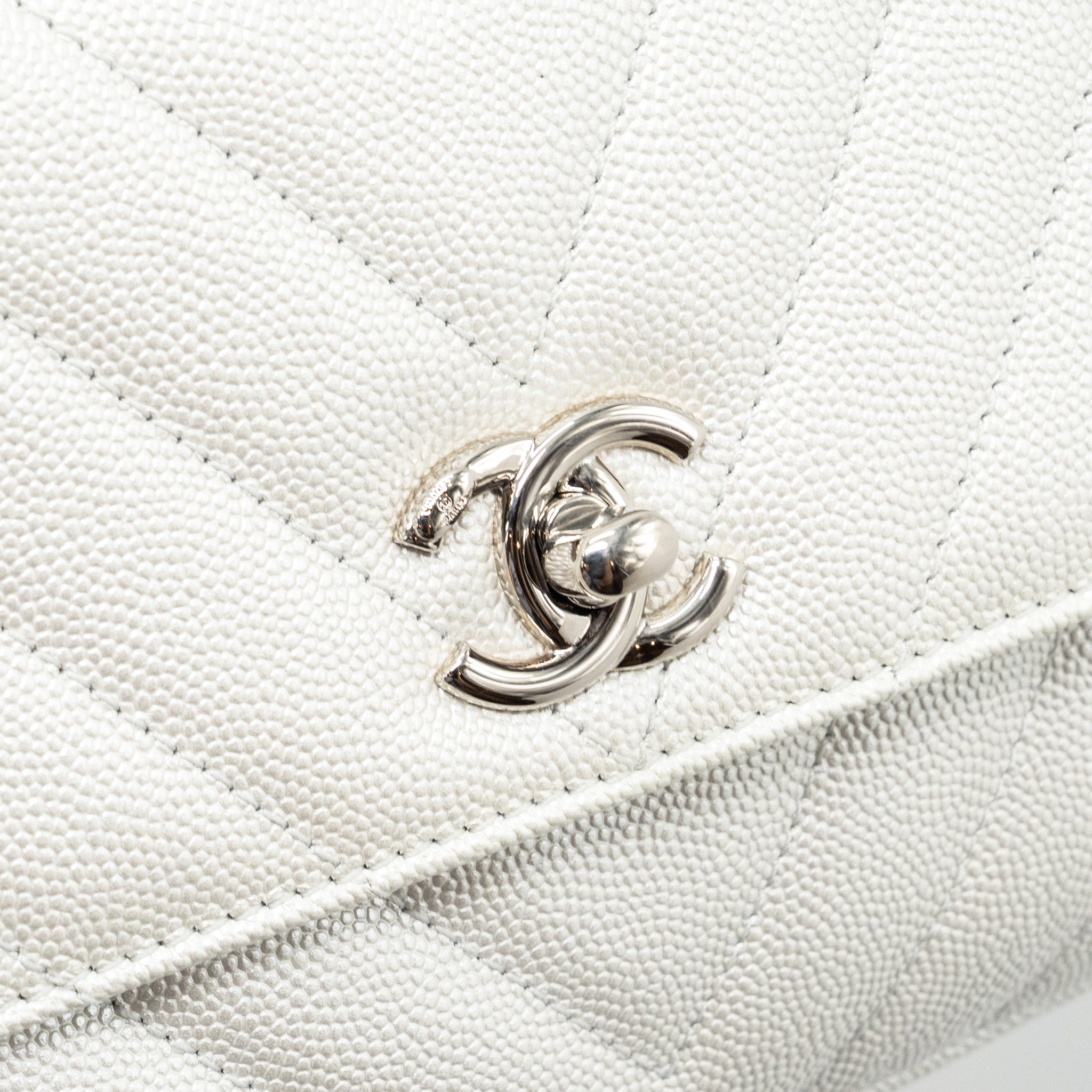 Chanel chevron small coco handle caviar iridescent white