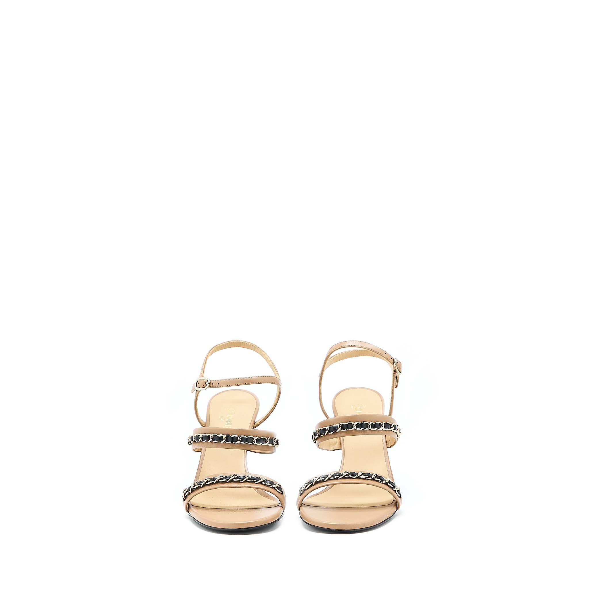 Chanel Size 38 Leather Chains Heel Sandals Lambskin Beige/Black L