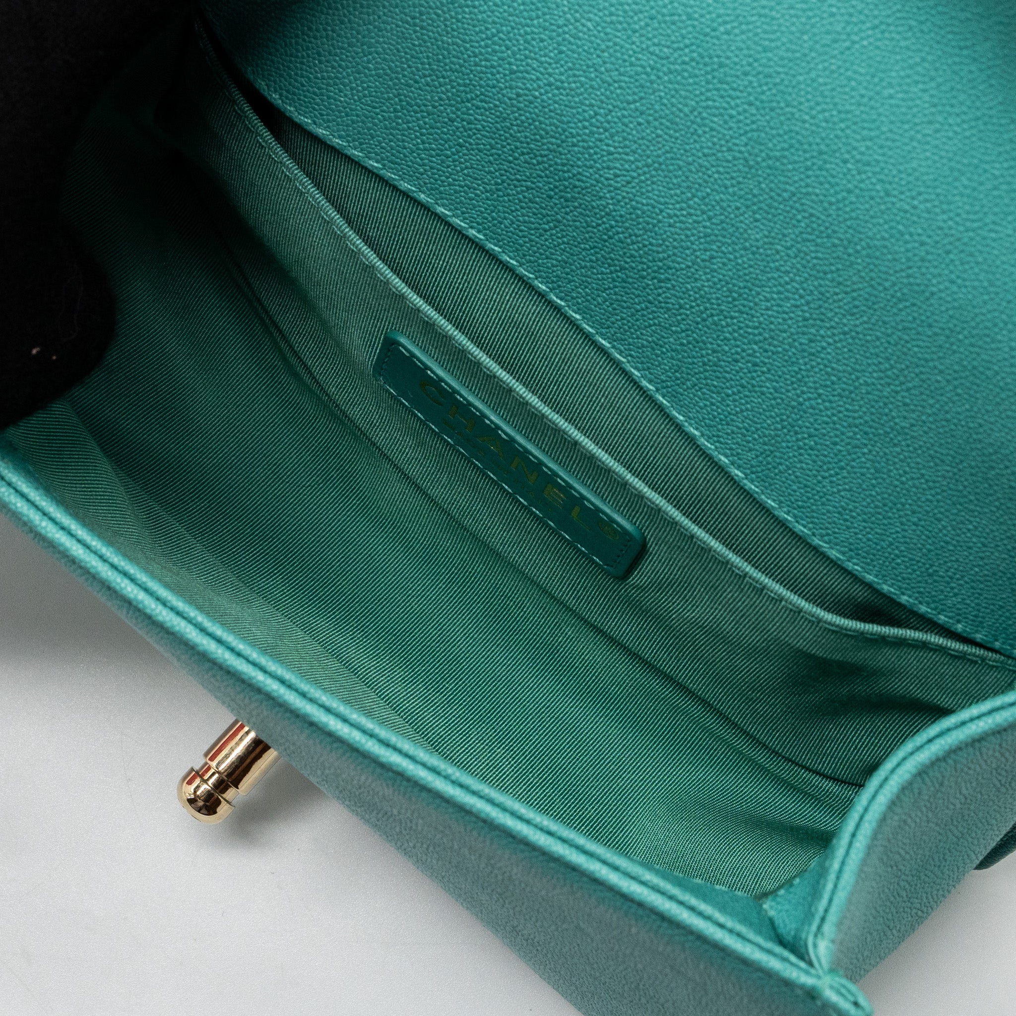 Chanel Chevron small boy bag caviar light green L