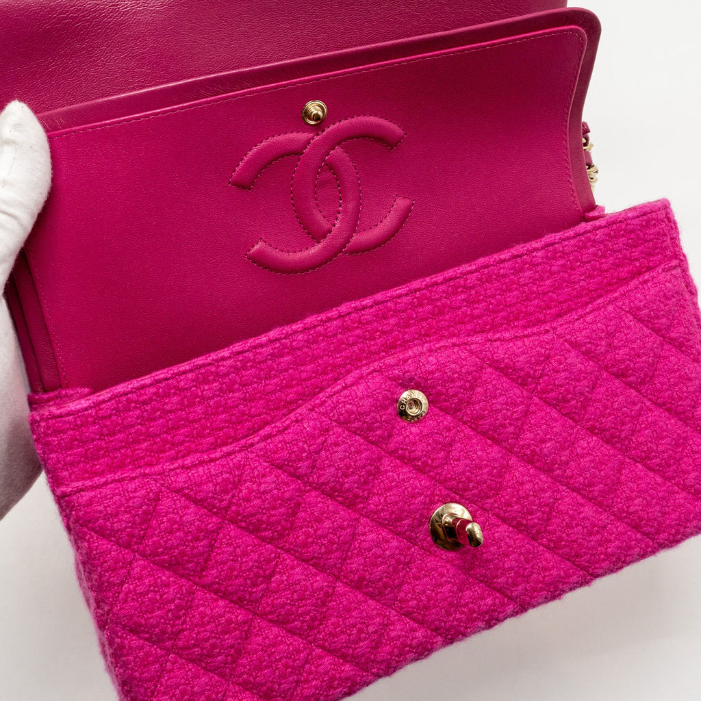 Chanel Medium Classic Double Flap Bag Tweed Pink L (Microchip)