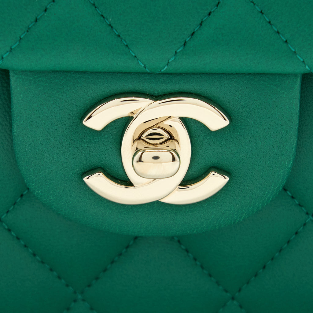 Chanel Small Classic Double Flap Bag Lambskin Green L(Microchip)