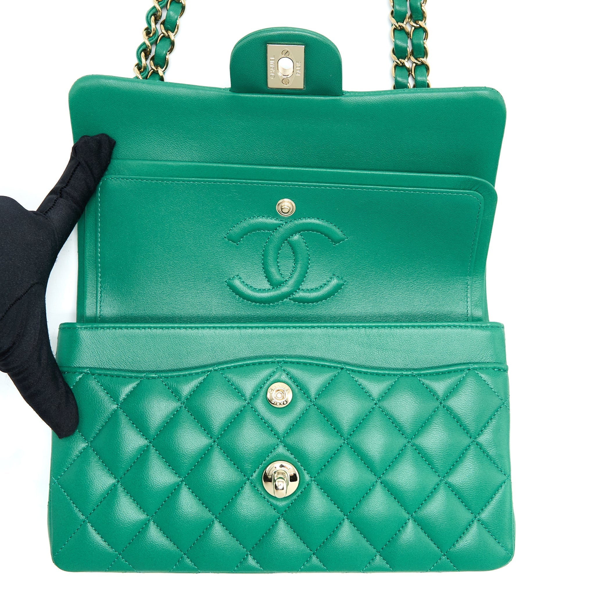 Chanel Small Classic Double Flap Bag Lambskin Green L(Microchip)