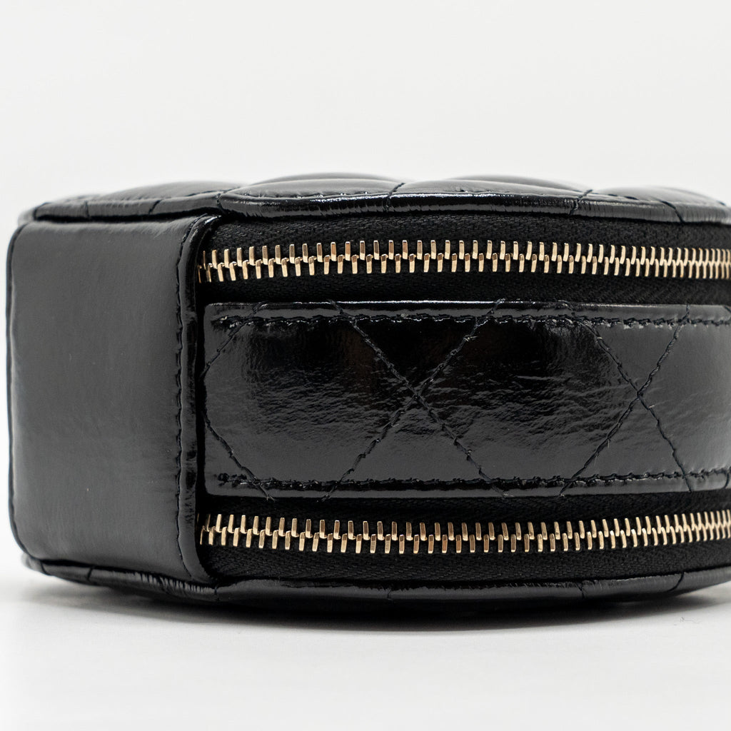 Chanel 22B Top Handle Mini Round Vanity Case With Chain Shiny Lambskin Black L (Microchip)
