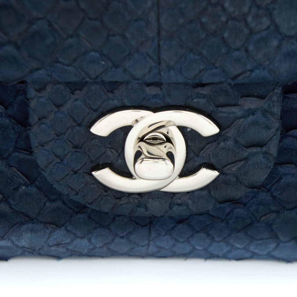 Chanel Medium Classic Double Flap Bag Python Dark Blue