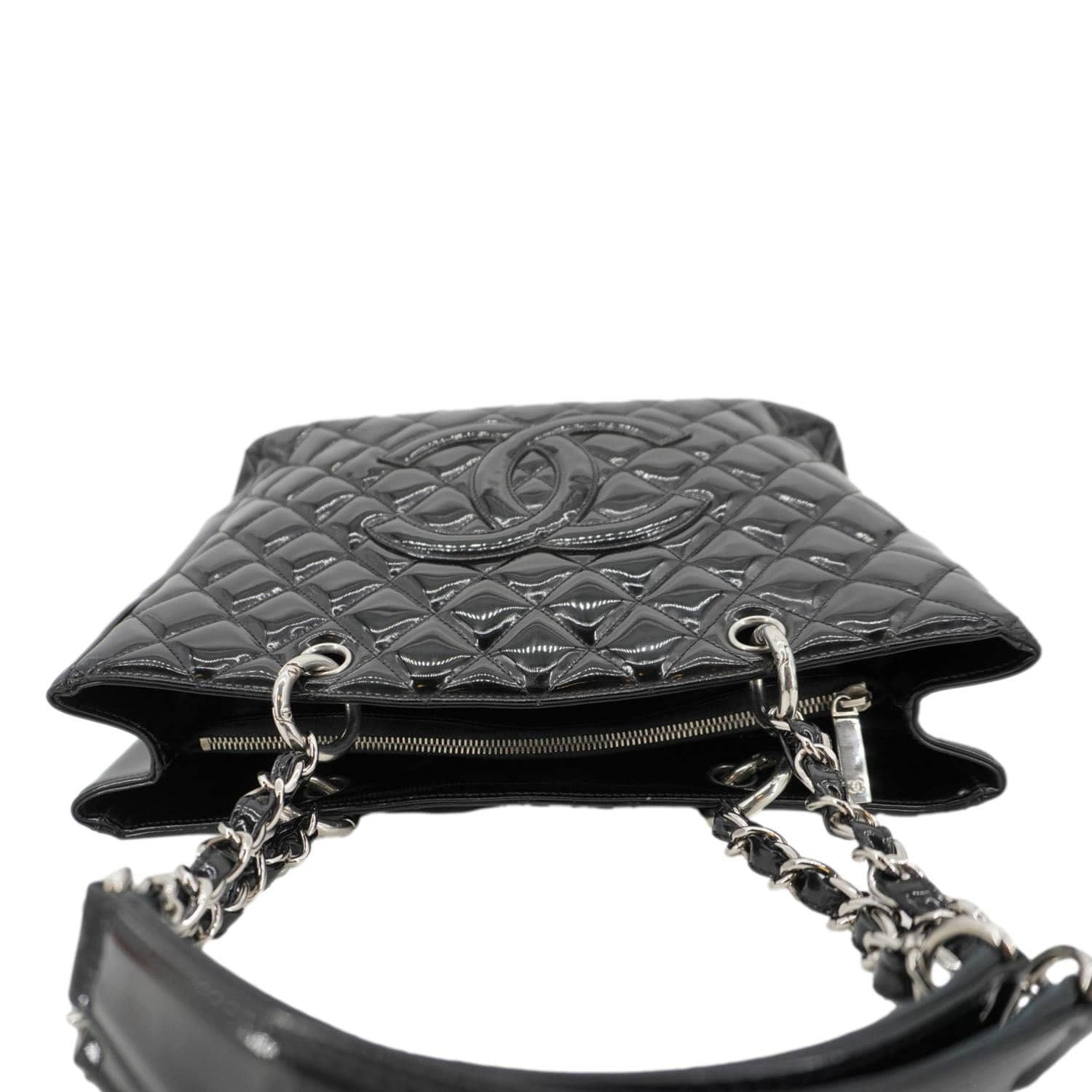 CHANEL Grand Shopping Patent Quilted Leather GST Tote Bag Black