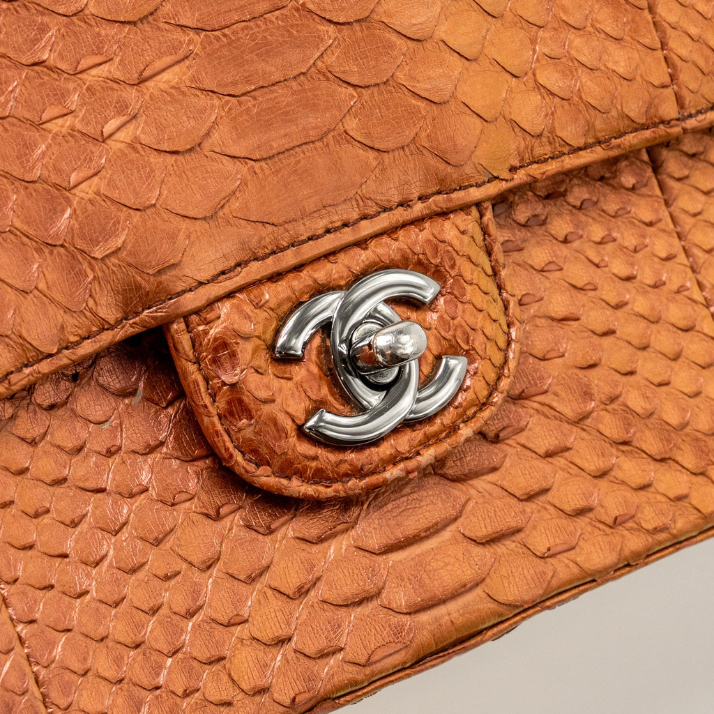 Chanel Classic double flap bag python leather orange