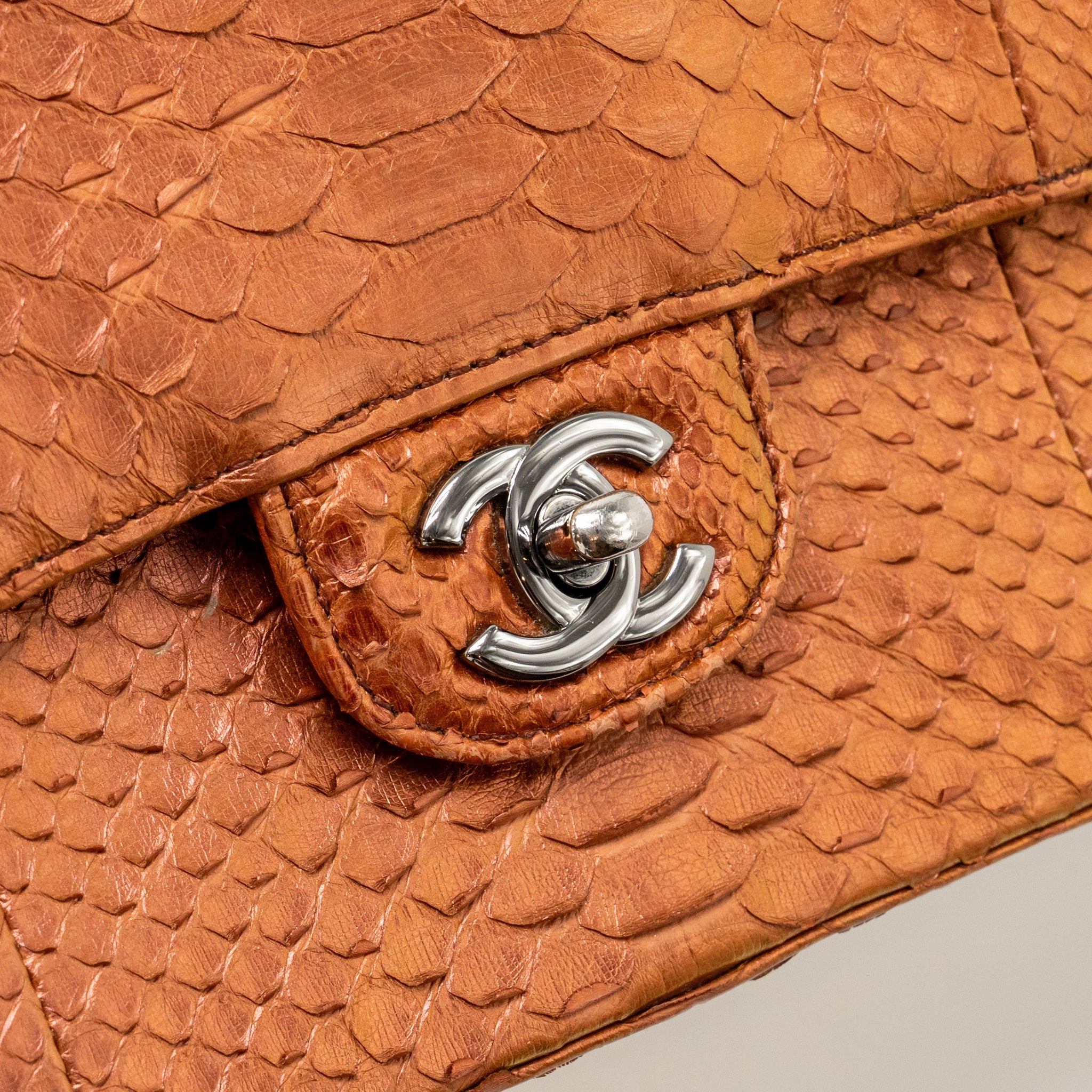 Chanel Classic double flap bag python leather orange