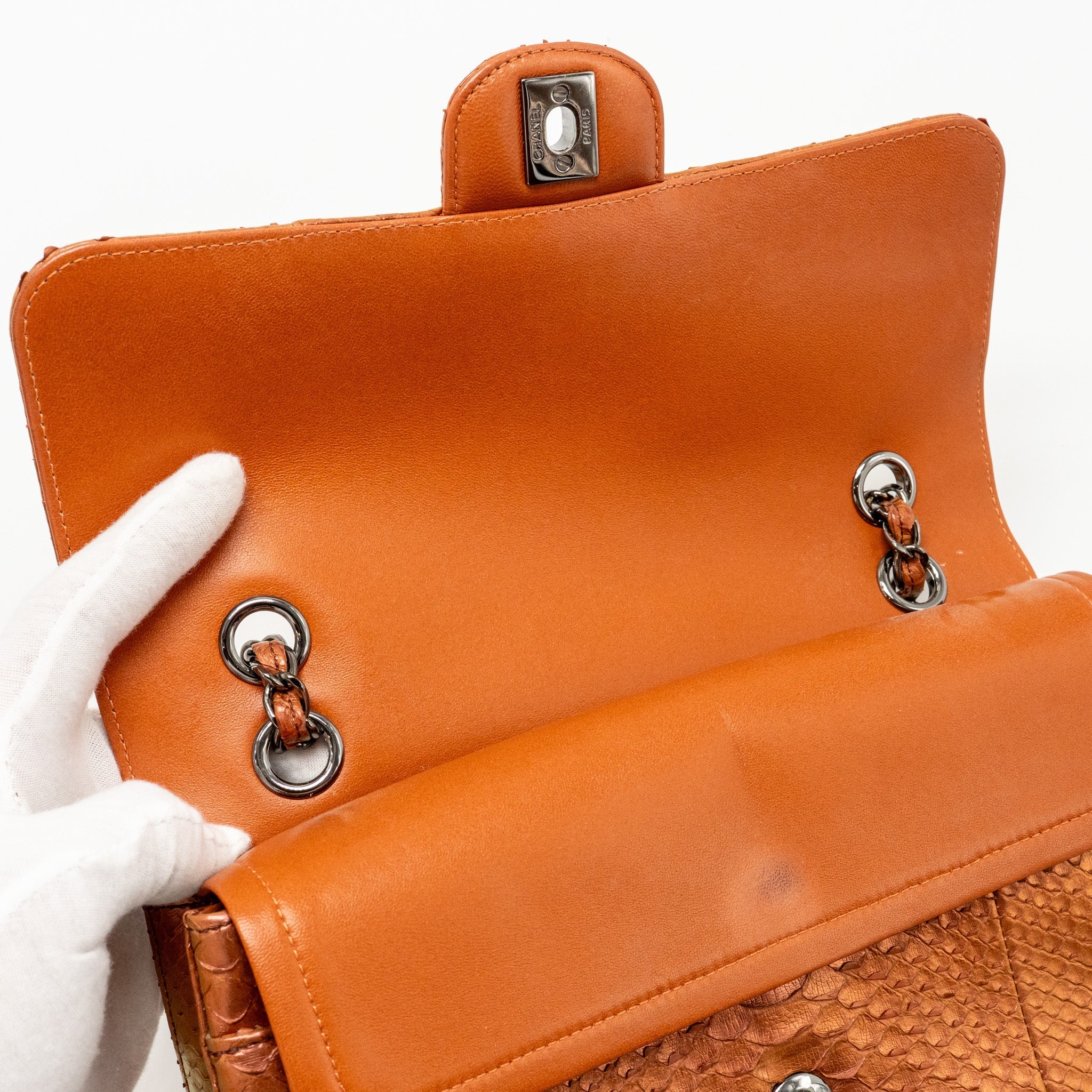 Chanel Classic double flap bag python leather orange