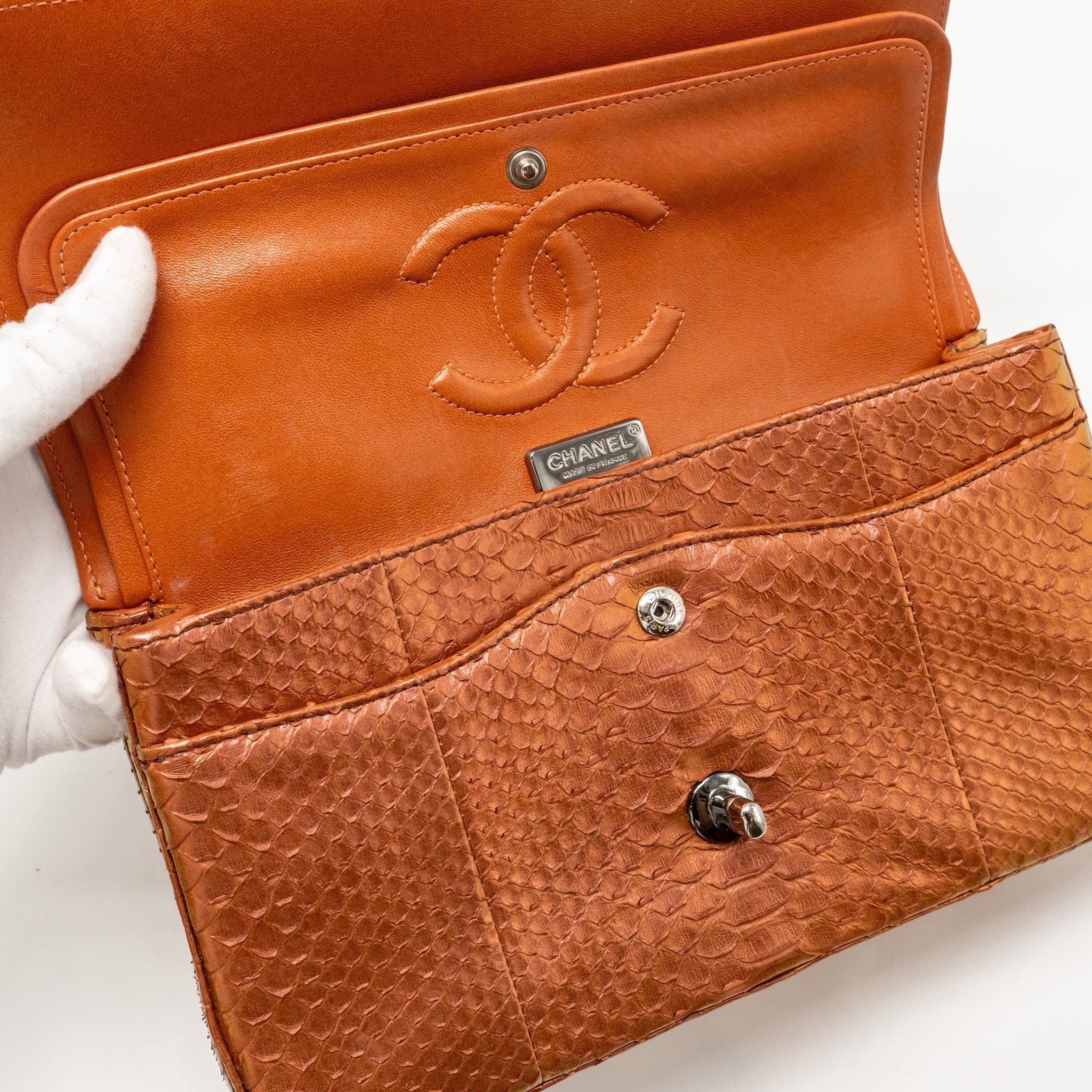 Chanel Classic double flap bag python leather orange