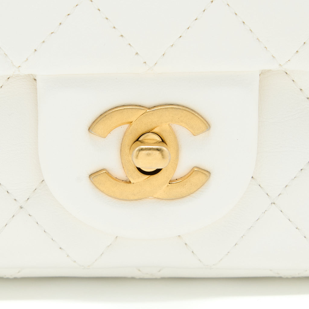 Chanel Mini Square Flap Bag with Detailed Ribbon Chain Lambskin White